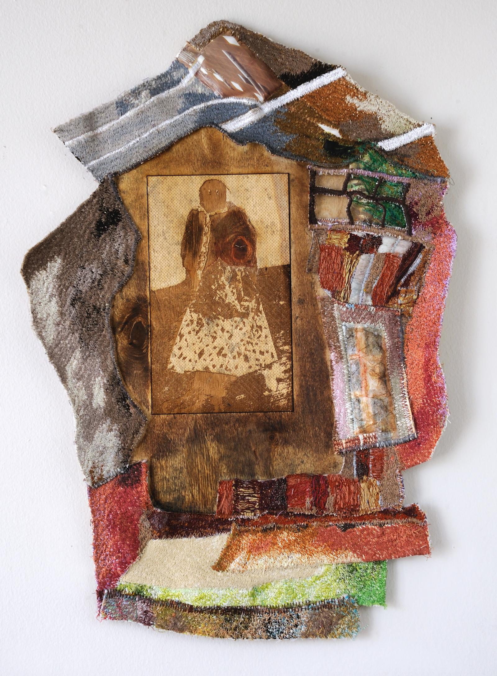 The Laser Cut Mixed Media work relates to the Collection at the Montgomery County Historical Society which was the home of the former
Slave Owner's who lived there in the 1800s. The original doll is still there and this is a modern/contemporary version of the doll. Embroidery/stitch is used in conjunction with the Laser Cut tool to add dimension and texture. The work is a series of works created while in residence at VisArts Rockville in 2017.