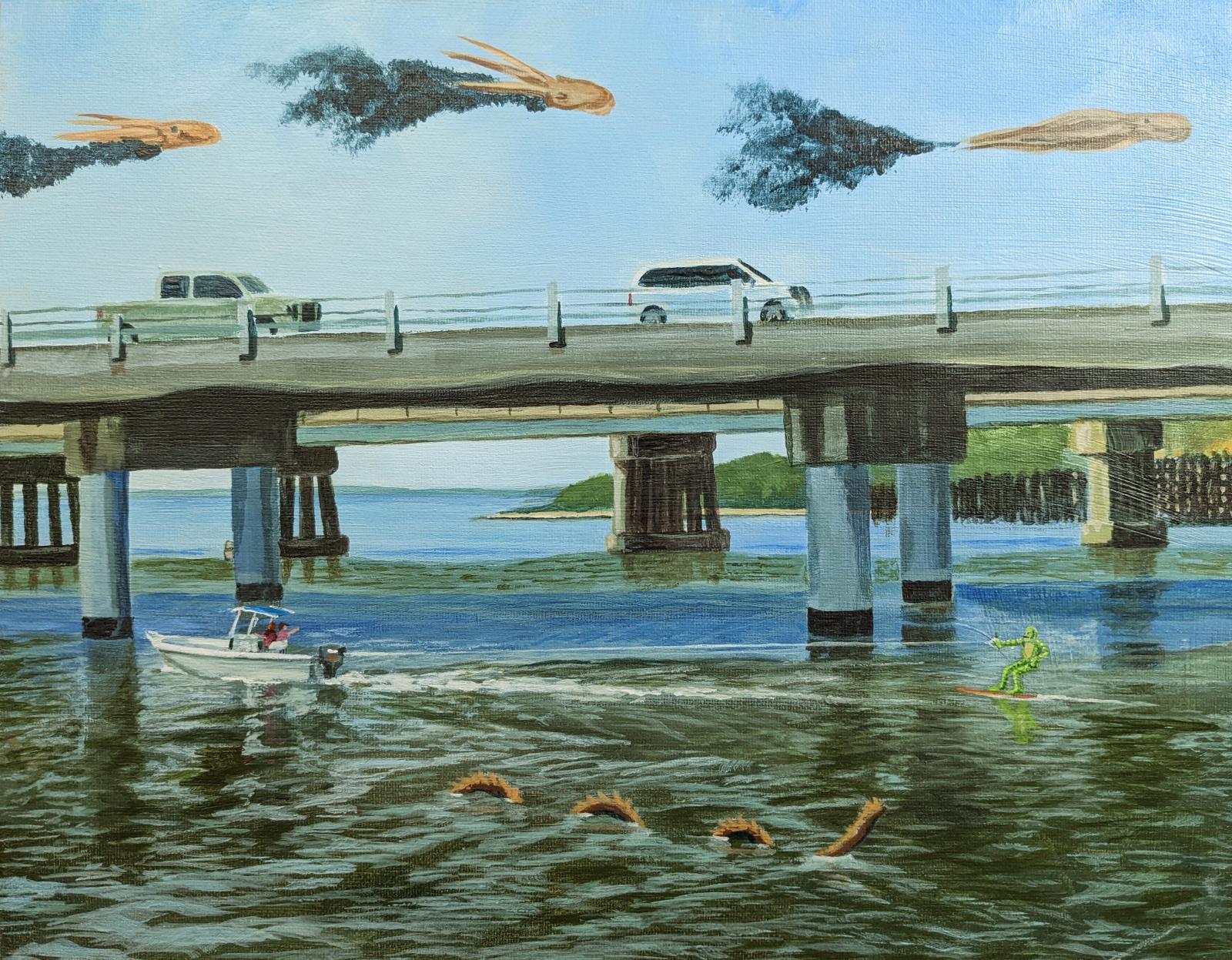 This is a surrealistic painting inspired by a visit to Sandy Point State Park, near Annapolis, MD.