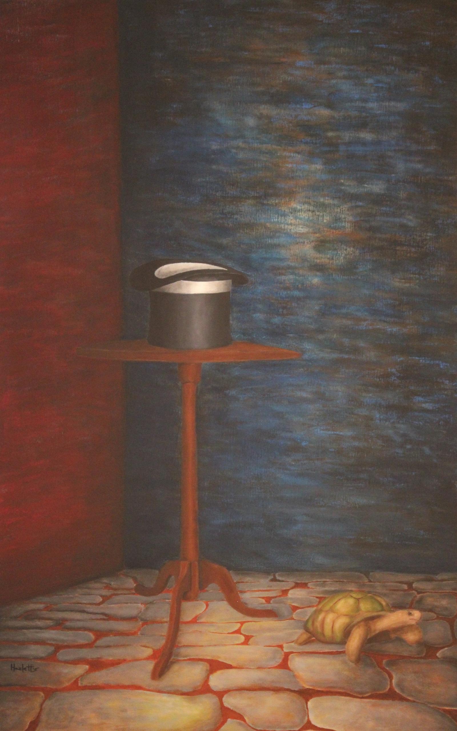 "The Hat and The Hare," belonging to A Series of Corners, contains a round table, a top hat, and a tortoise. There is a play on words relating to the title that sets the theme of the subject matter. The objects are set into a corner that contains indoor and outdoor features while having no specific detail as to where the location is set as the painting displays both indoor and outdoor features.