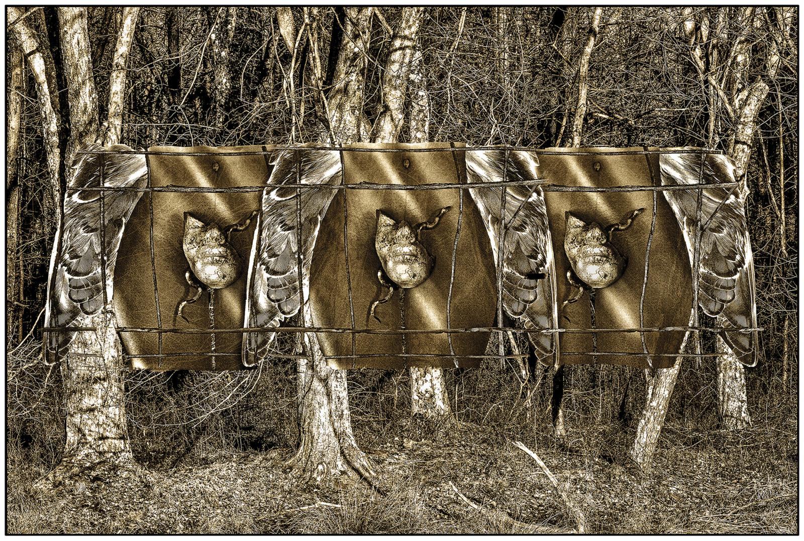 woods with 6 trees ,3 torsos,3 mask and 3 snakes