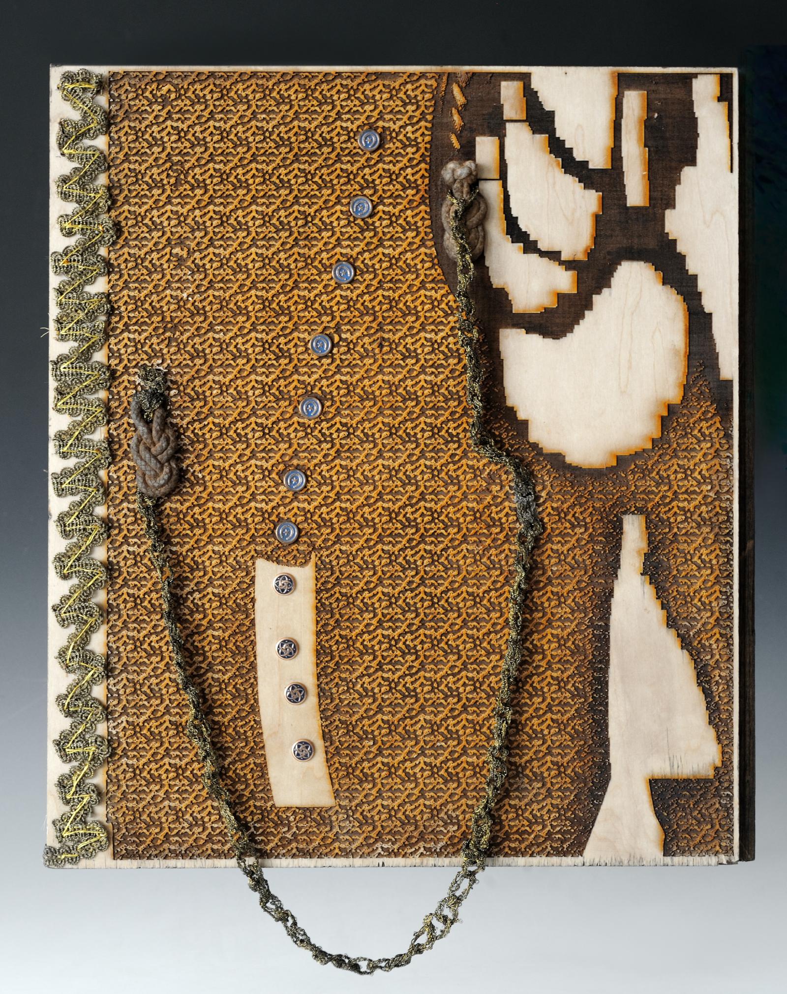 Research at the Montgomery County Historical Society resulted in a contemporary version of that found
at the site which was formerly the Slave Owner's Home in Rockville,MD. The work is on wood incorporating the laser and has an engraving quality. The accessories are antique and is a sharp contrast to the new
technologies i.e. the laser.  Basic traditional skills are employed with new skills.