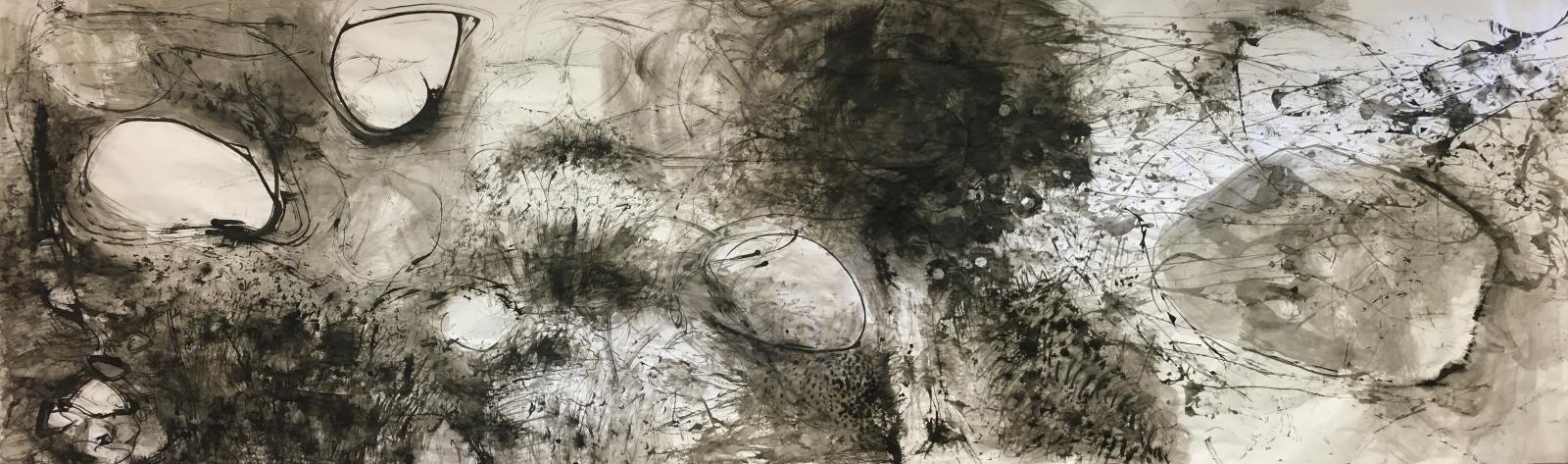 My inspiration was a memory of the creek during a morning walk. Mark-making was created by using objects from nature found at this location.