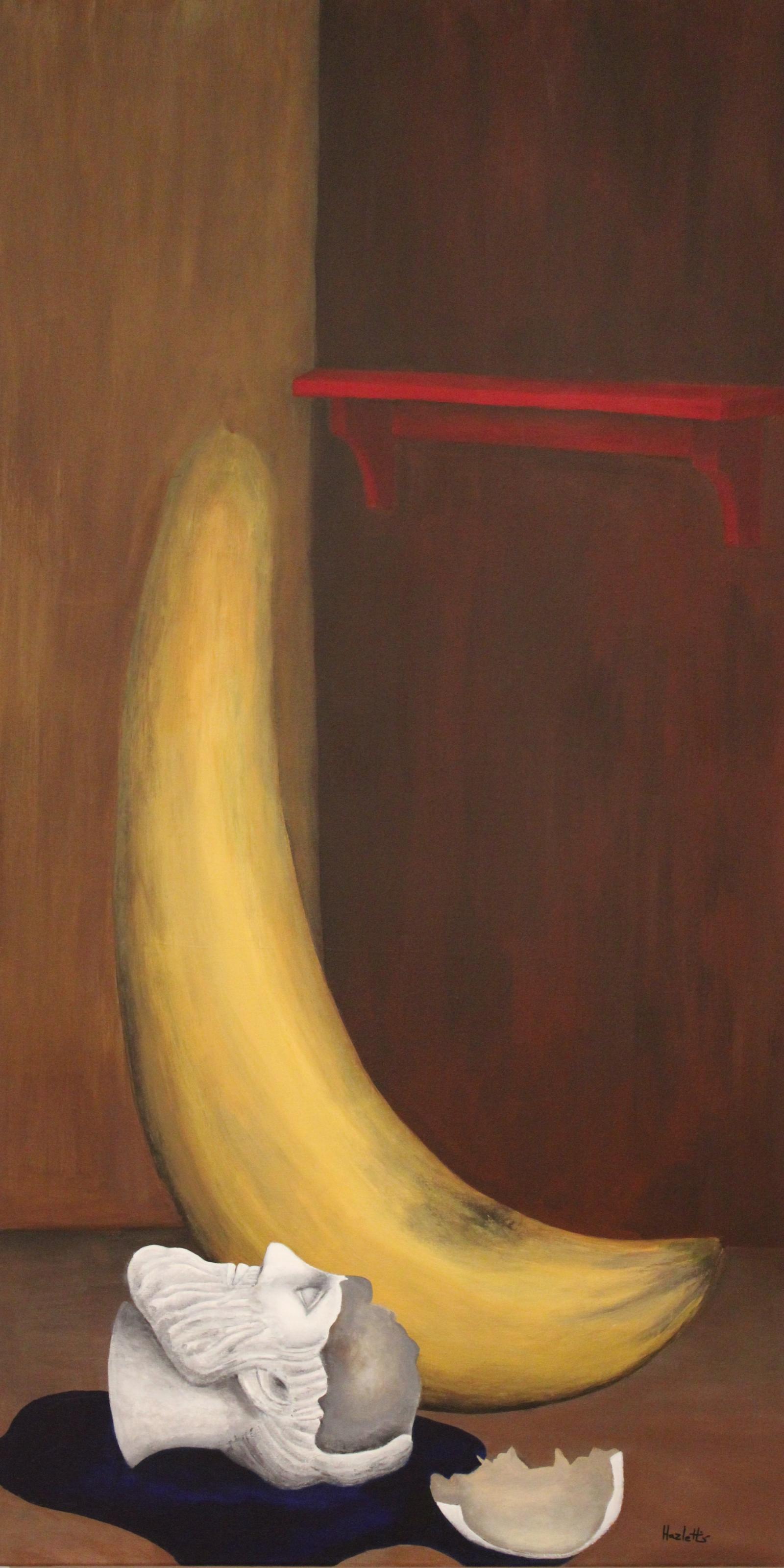 "The Persistence of Man" was originally started and finished in 2014, and later revisited in 2021. The painting shows a shelf, banana, the bust of a man, and a puddle. The idea of the painting, and what began the series, started after I came across a social media picture of a large ship that ran aground. One of the comments on the picture read "Is this real?" which after many hours thinking on lead me to ask the question "are we losing the ability to recognize reality?"