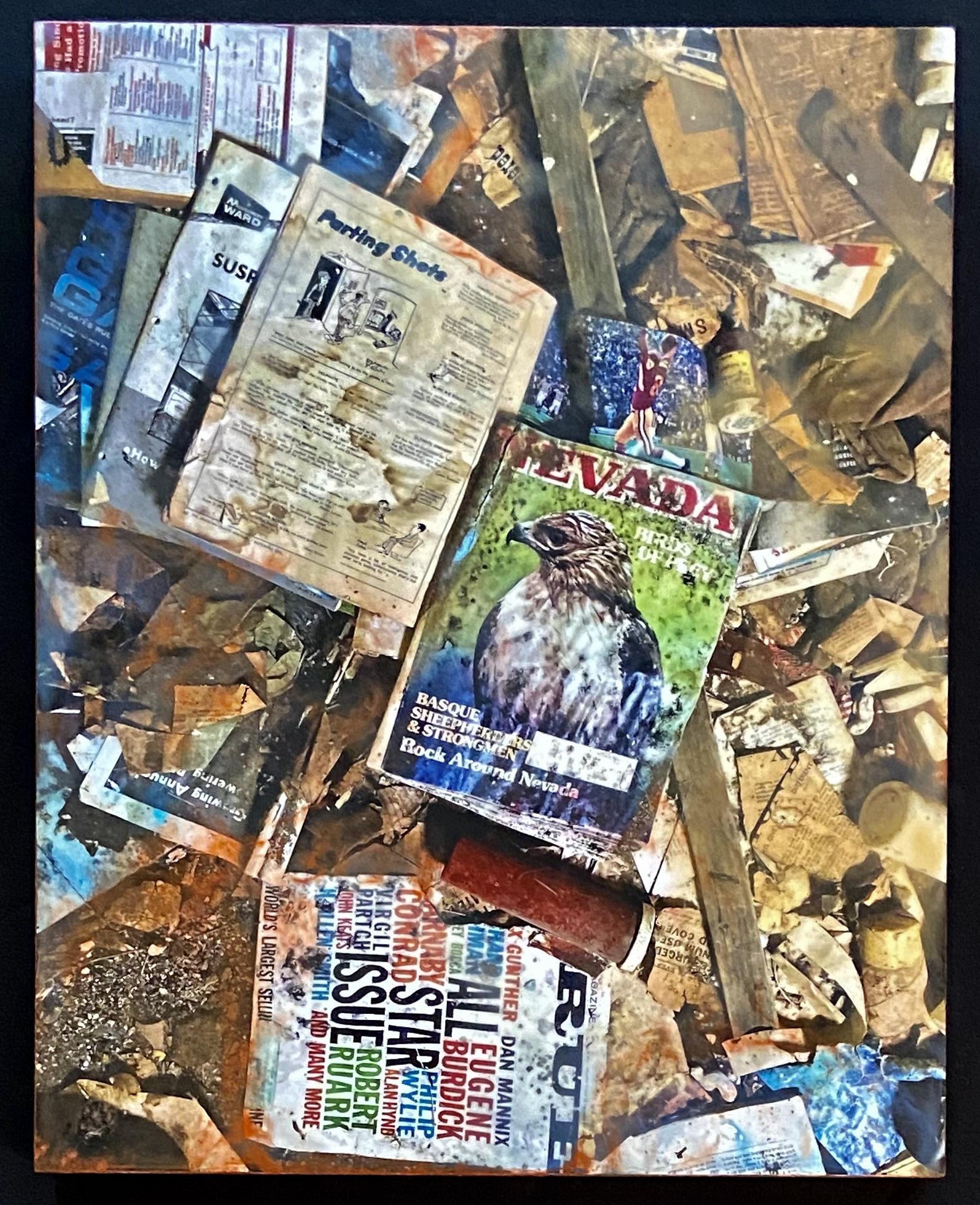 Digital photo of floor of abandoned house in Ardmore, SD, transformed with layers of melted beeswax, damar resin, mica powder pigments, and acrylic on wood panel