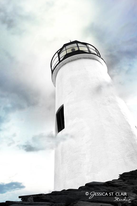 Multiple images are combined to paint with photography an image of a steadfast light house keeping faithful watch over the waters below.