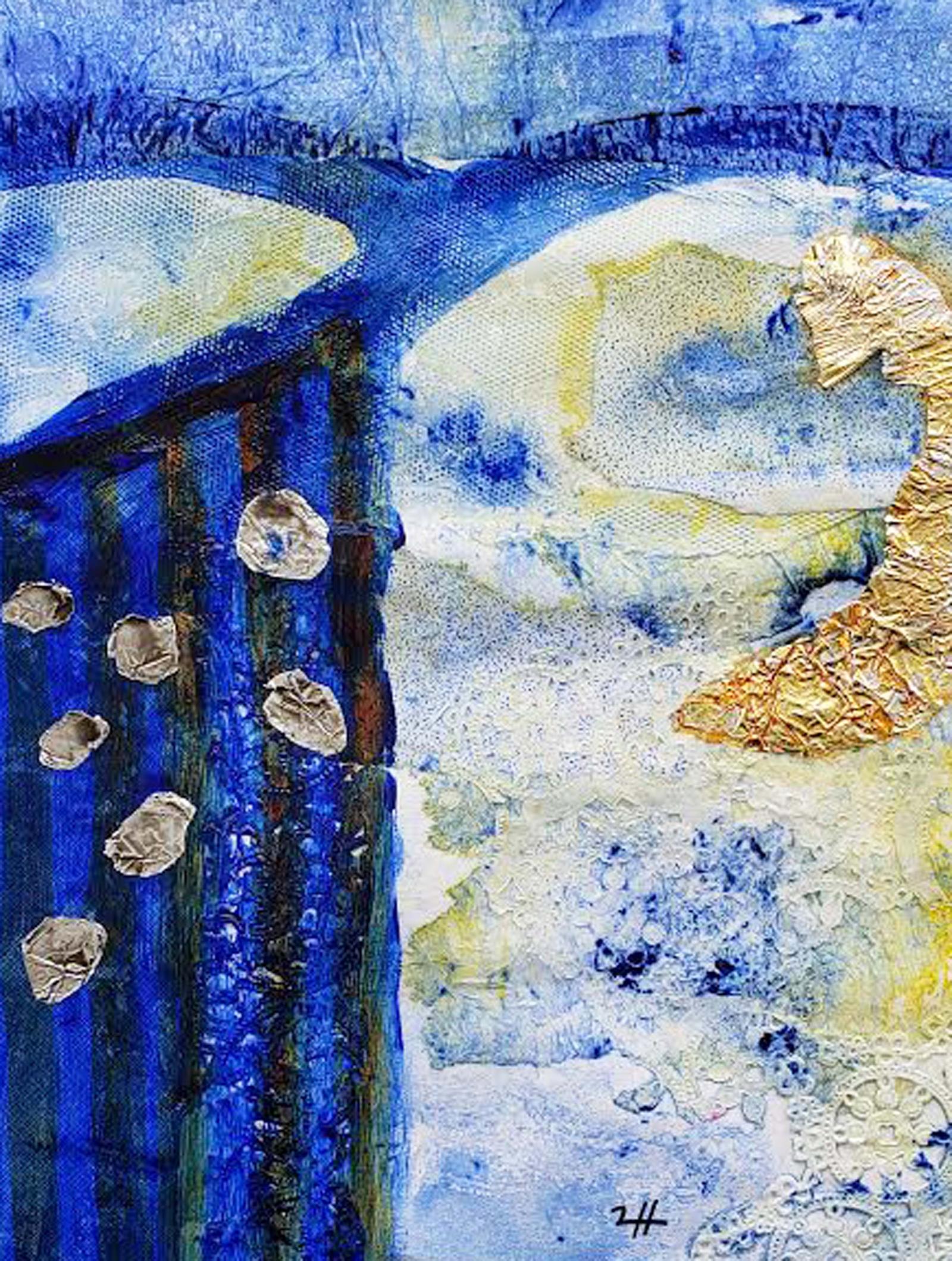 Abstract view of women peering through a screen on a balcony to see something of the world outside. This is a highly textured acrylic mixed media painting with emphasis on shades of blue.