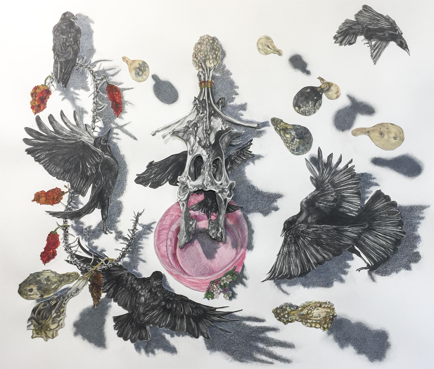 A mixed media work on paper with color pencil, graphite and collage. Depicts the Queen(pink pillbox hat) now at the foot of the King(assembly of bones). Surrounding the King and Queen are the crows and other important symbols.