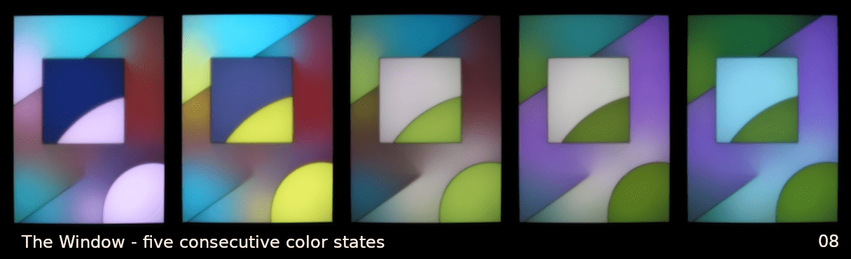 "The Window" is a light-painting made with RGB LED strips behind a diffusing acrylic screen.
The image shows five successive color-states.  Colors of the image change slowly and continuously. User controls on the side are a knob for brightness, a knob for speed of color-change, and on-off switch. 