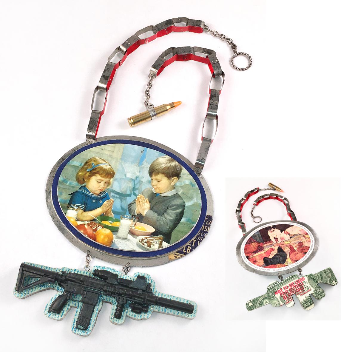 Necklace/breastplate created from a cookie tin, pages and a cover from a children's book, a toy AR-15 and a dummy AR 15 bullet.