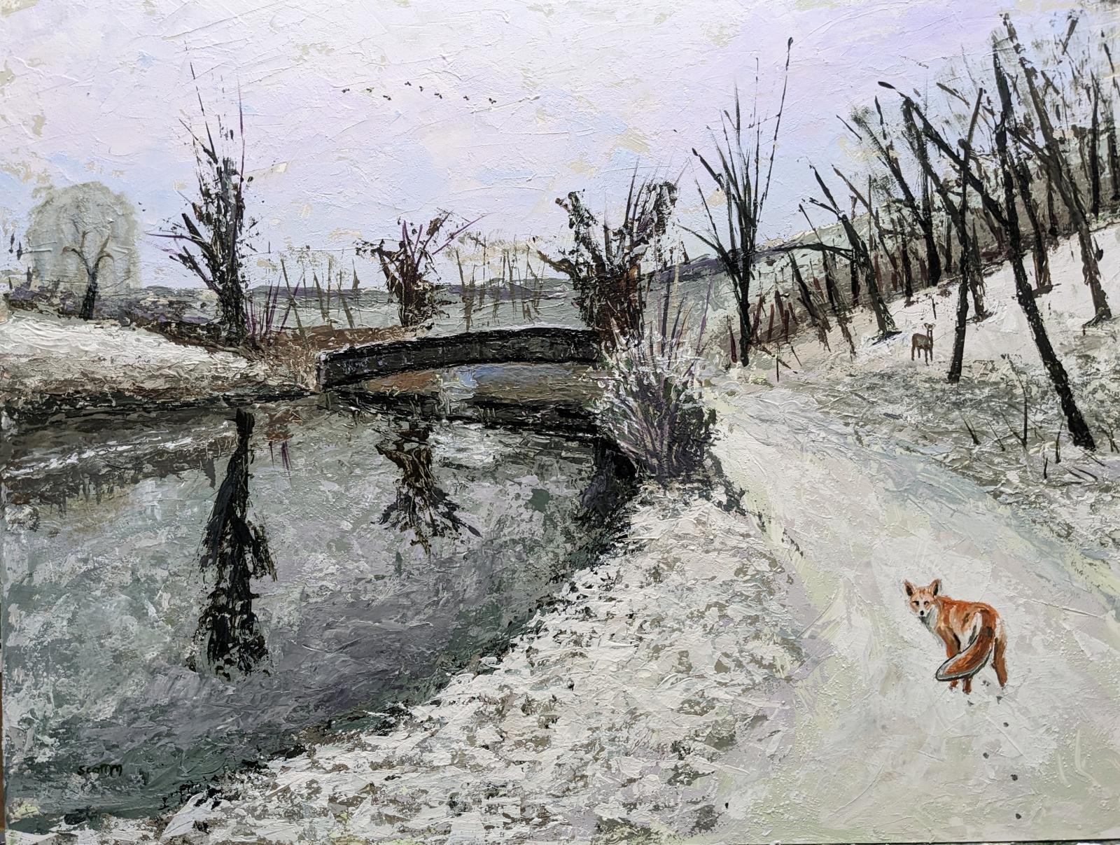 This was a commissioned piece that I painted for a gentleman who had bonded with a wild fox, by sharing pizza with it.  He named the fox after the character in the movie "The Fox and the Hound."  (I used a pallet knife on everything but the fox.)