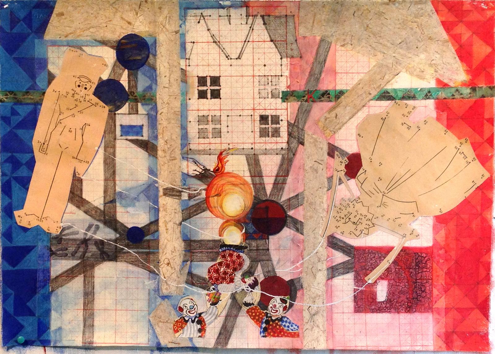 An elaborate image of the grid of DC colored red and blue with clowns playing with fire while a toy soldier puppet and princess puppet watch on