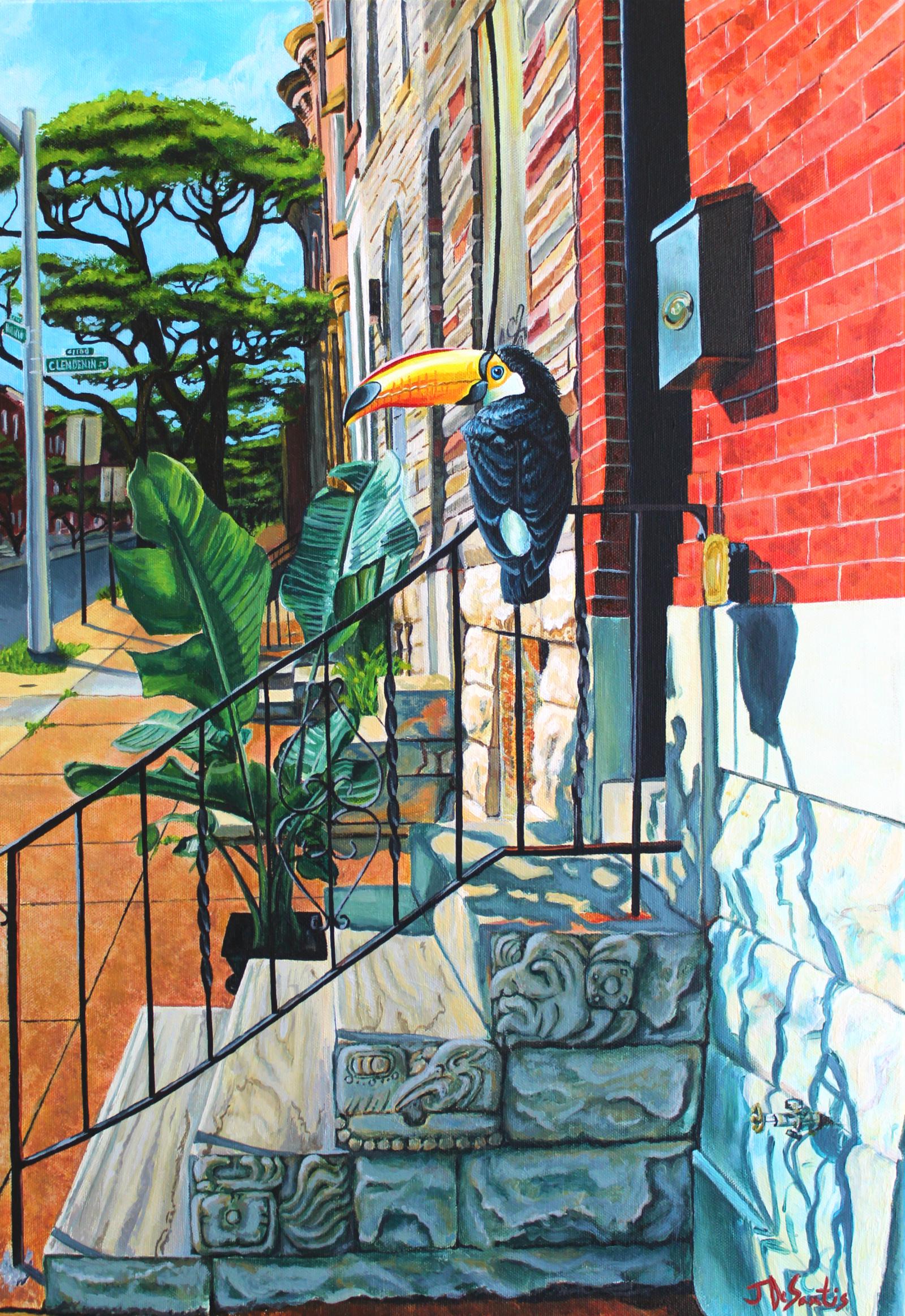 No soy de aquí ni soy de allá. A personal piece for the artist, it depicts a lone toucan on her stoop, a purposefully potted tropical plant, Mayan script reading from left to right "West Baltimore blessings", orange clay-like sidewalks and African Acacia trees lining the street symbolizing the rooted African-American heritage in her neighborhood.