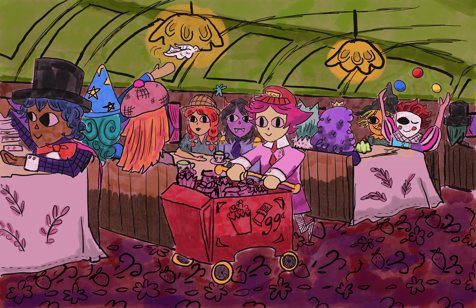 A fantastical train car filled with strange characters traveling to an unknown destination.