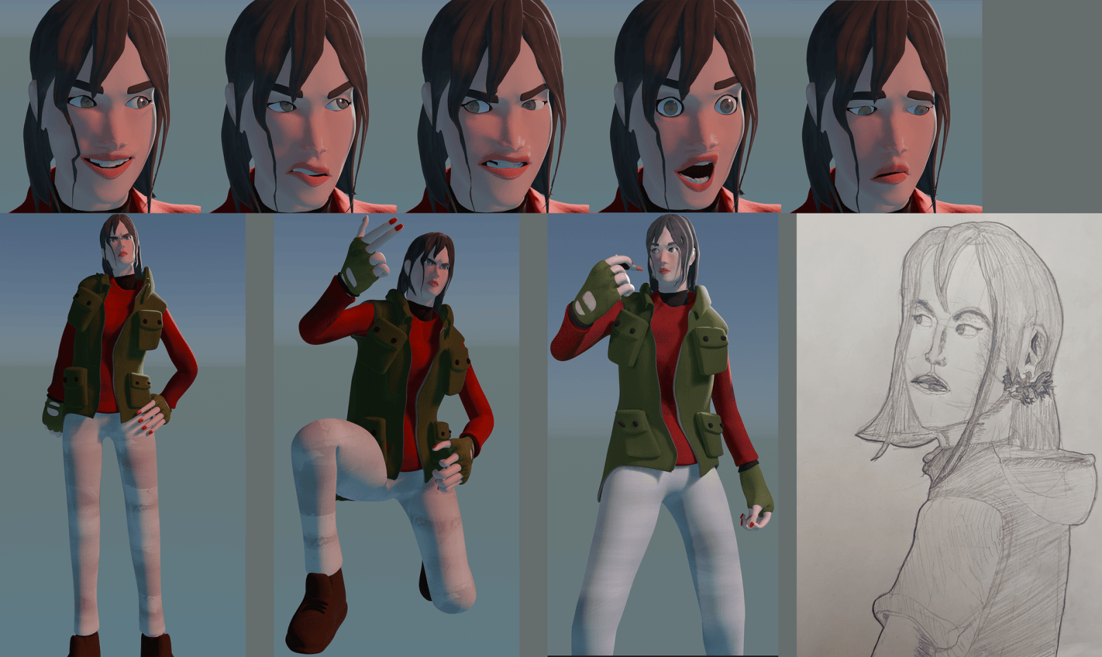 3D character, textured and rigged model with facial expressions for animation.
Inspired by 'hero shooter' video games Valorant and Overwatch.