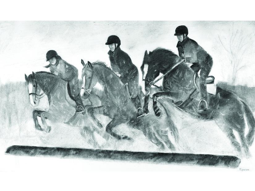 Triple Jump is an original charcoal of three young woman having run riding together on the Maryland Country Side. This piece is beautifully framed. It has a companion piece which is done in oil of the same depicting the women riding in the snow. Any young rider will quickly identify with the joy these pieces depict.