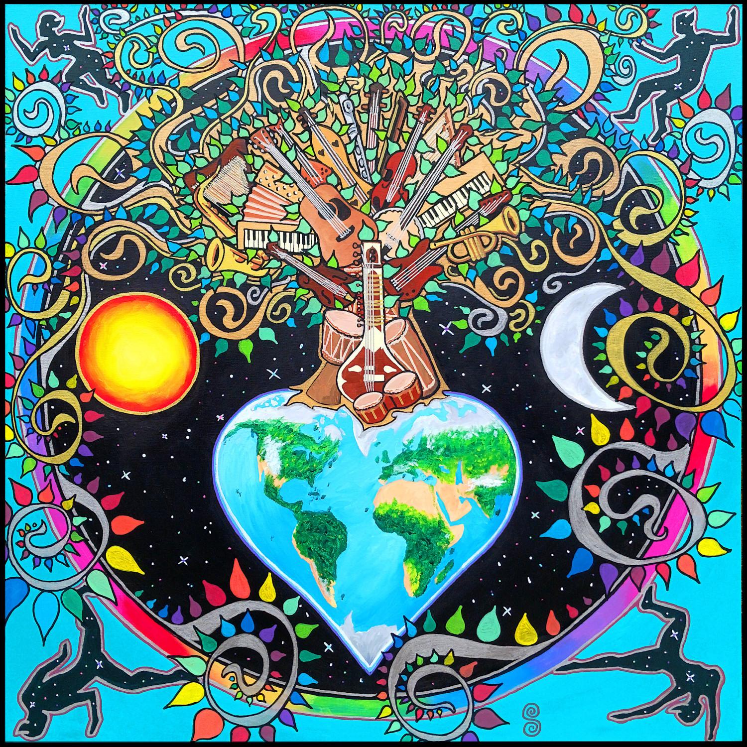 The Tuatha are the mythical Irish creator-chidren of the goddess Danu, who existed before the elves and fairies and druids, or perhaps evolved into them. This painting celebrates the joy in creation of music.