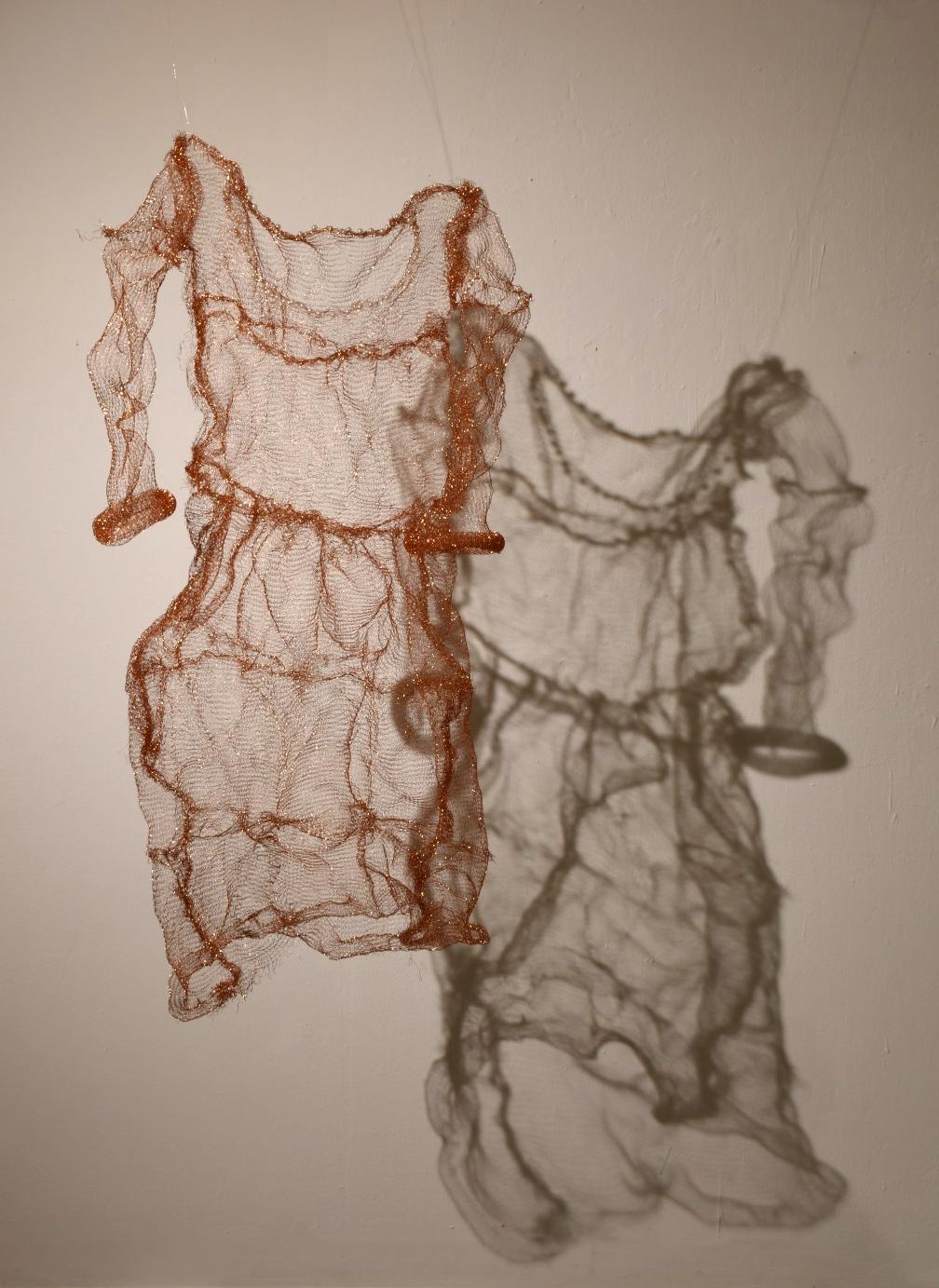 copper scouring pads, copper wire, pearl beads.