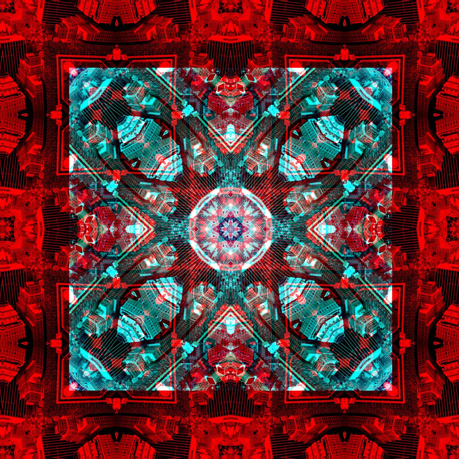 This is an artwork made through the use if photoshop. I take one image to create a kaleidoscopic like rendering. The original photograph was of the streets of New York City. I used photoshop to repeat certain elements, and later added a second layer with the same image only smaller, a new color, and tilted at a different angle. 