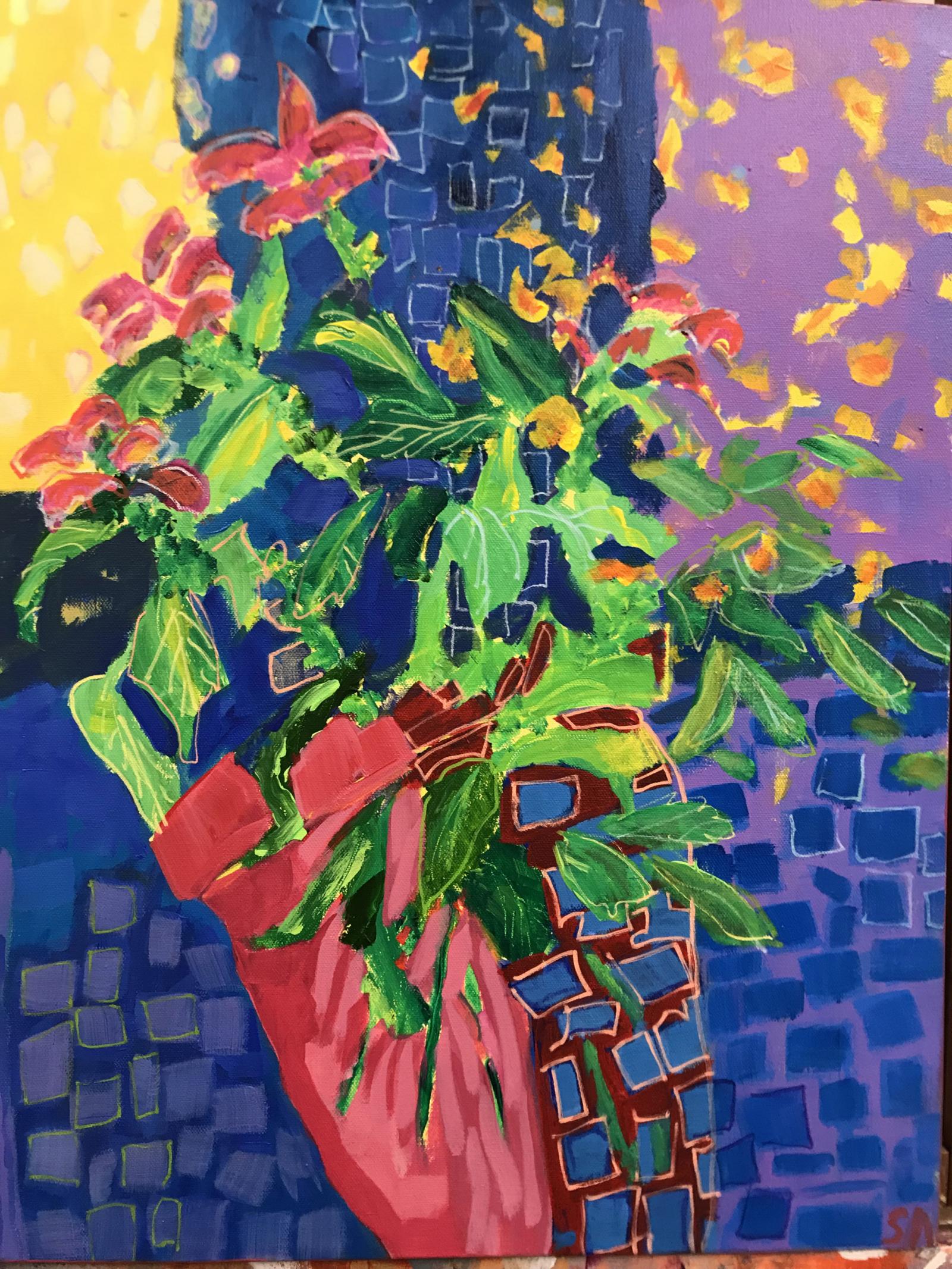 This painting is an impression of a pot of turtlehead flowers