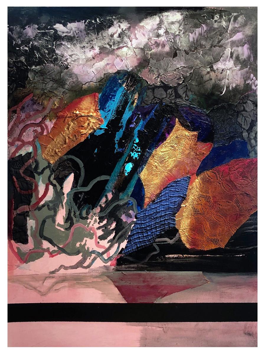This is a mixed media piece that employs a variety of materials including acrylic paint, various fabrics, acrylic mediums, and colored pencil. In the early days of the war, my thoughts often turned to Ukraine and the brutality of the fighting. And as I thought about it, I also recalled that my parents grew up in the Ukraine during an era of pogroms and the Russian revolution and an influenza epidemic, I grew up with my mother's stories of how the family dealt with soldiers coming into their house and how her family escaped over the border to Poland where some relatives lived, and then how they immigrated to the USA.