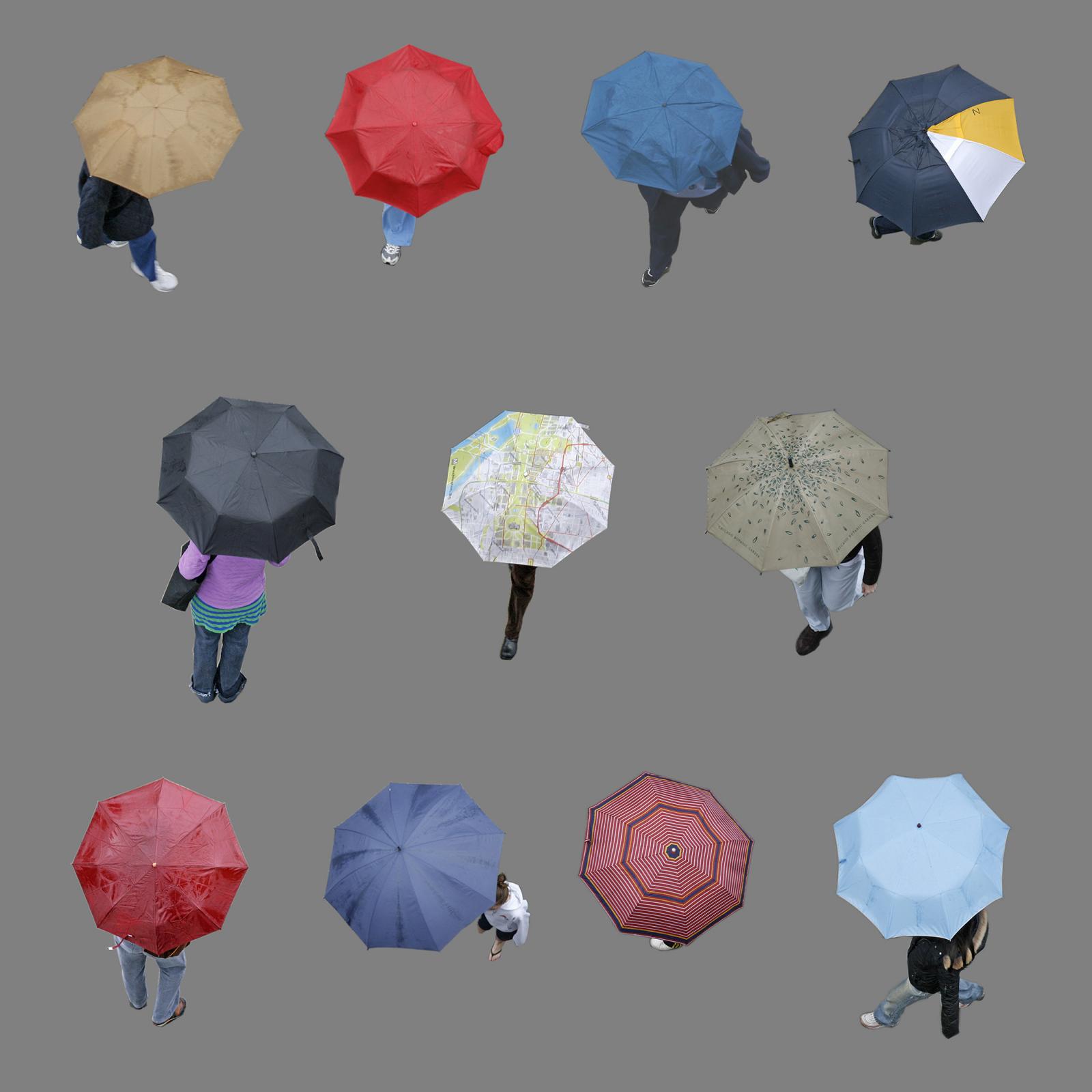 Combined photos of 11 umbrellas held in the rain