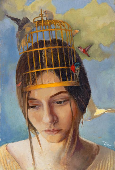 "Uncaged" is a captivating and thought-provoking painting that transcends the boundaries of the physical world and delves deep into the realm of the spiritual.
In this enchanting artwork, a young woman gazes contemplatively into the vast expanse of the sky, her eyes revealing a longing for freedom and transcendence. The birdcage adorning her head symbolizes the self-imposed limitations and societal constraints that often weigh us down in our earthly existence.