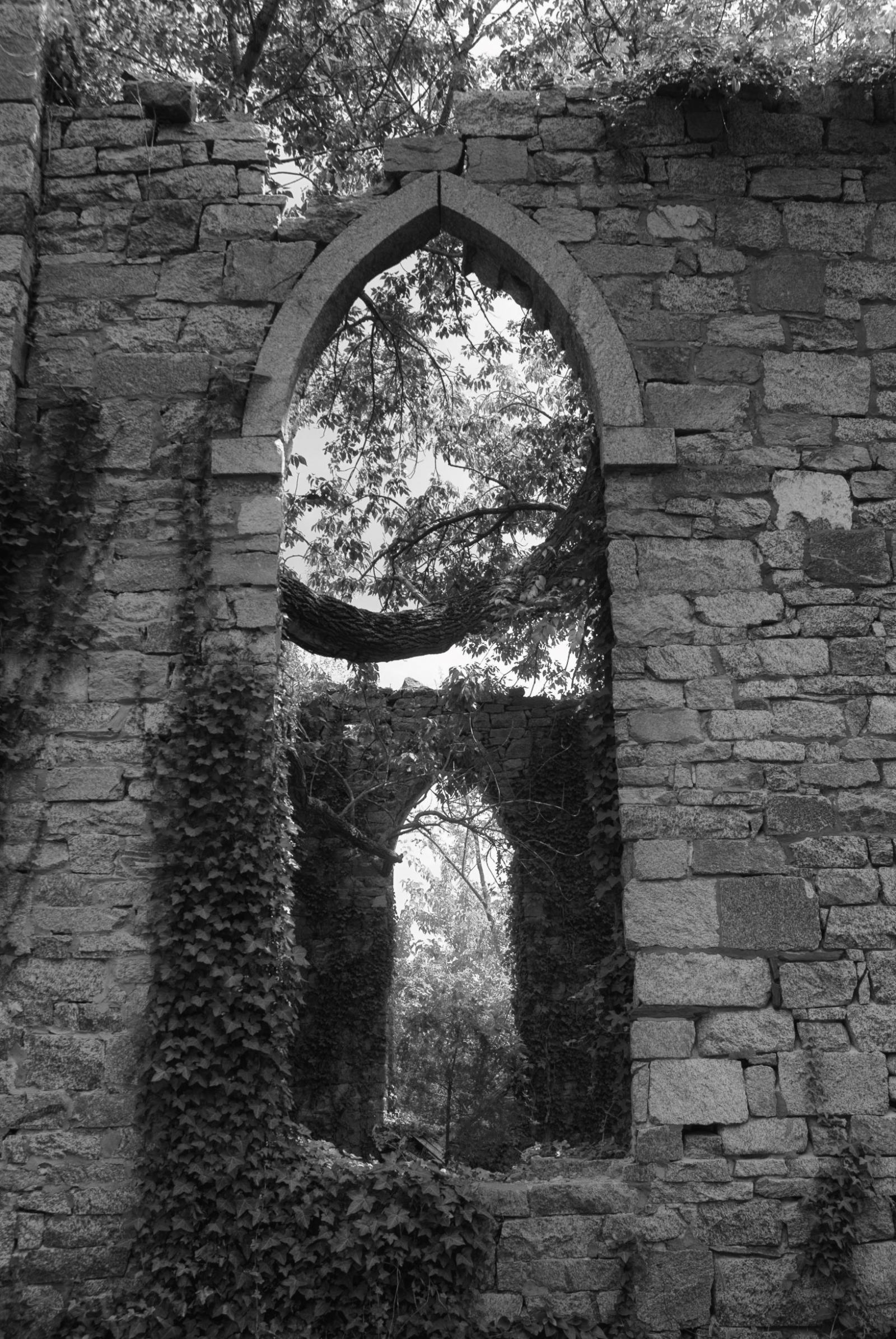 Black and white infrared print of historic Unionville Church ruins in Tunis Mills, Talbot County, Maryland