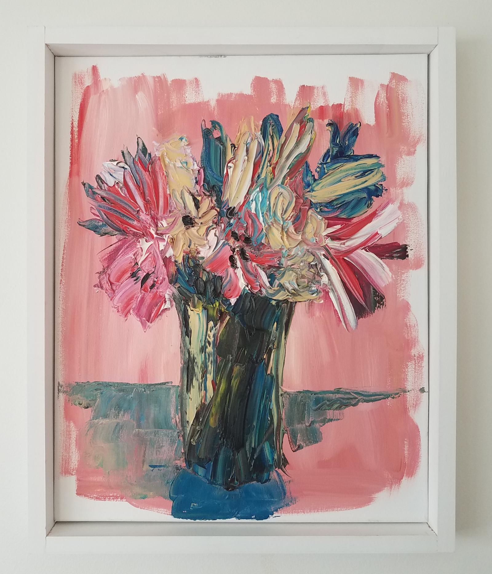 A representational still life painting of a bouquet of flowers, loosely painted with active strokes. The base and dominant colors are of a warmer shade of pinks, reds, and of a Naples yellow. Special attention is given to exploring the pure qualities of the paint itself as well as capturing important aspects of the composition such as the relationships between light and dark, shadow and highlights, and flatness and depth.