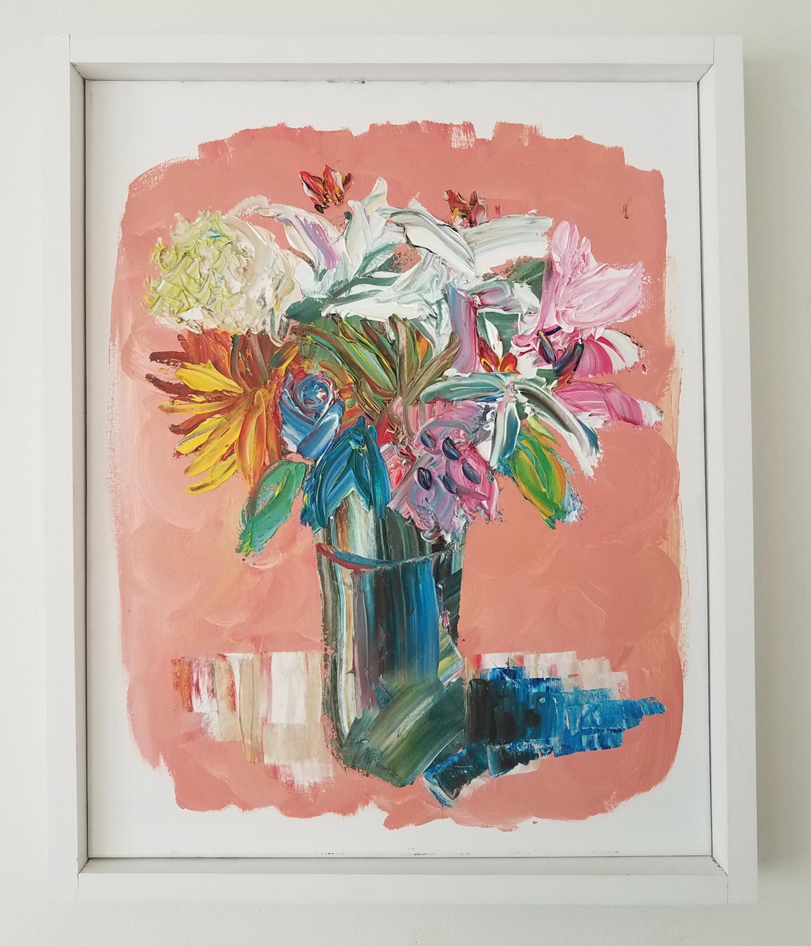 A representational still life painting of a bouquet of flowers, loosely painted with active strokes. The base and dominant colors are of a warmer shade of pinks, reds, mixed in with pure yellows and light greens. Special attention is given to exploring the pure qualities of the paint itself as well as capturing important aspects of the composition such as the relationships between light and dark, shadow and highlights, and flatness and depth.