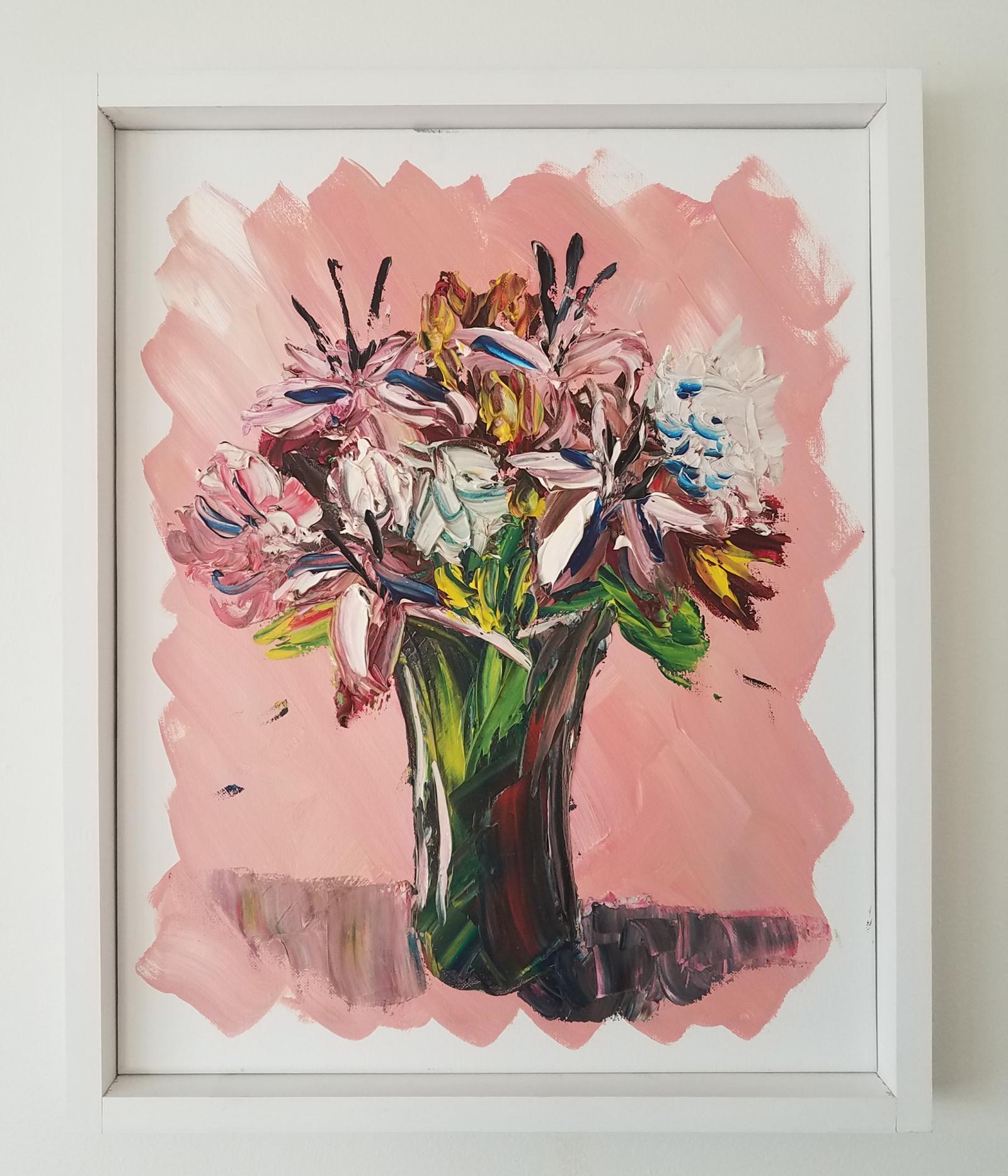A representational still life painting of a bouquet of flowers, loosely painted with active strokes. The base and dominant colors are of a warmer yet muted shade of pinks, dark reds, Crimson, mixed in with pure yellows and light greens. Special attention is given to exploring the pure qualities of the paint itself as well as capturing important aspects of the composition such as the relationships between light and dark, shadow and highlights, and flatness and depth.