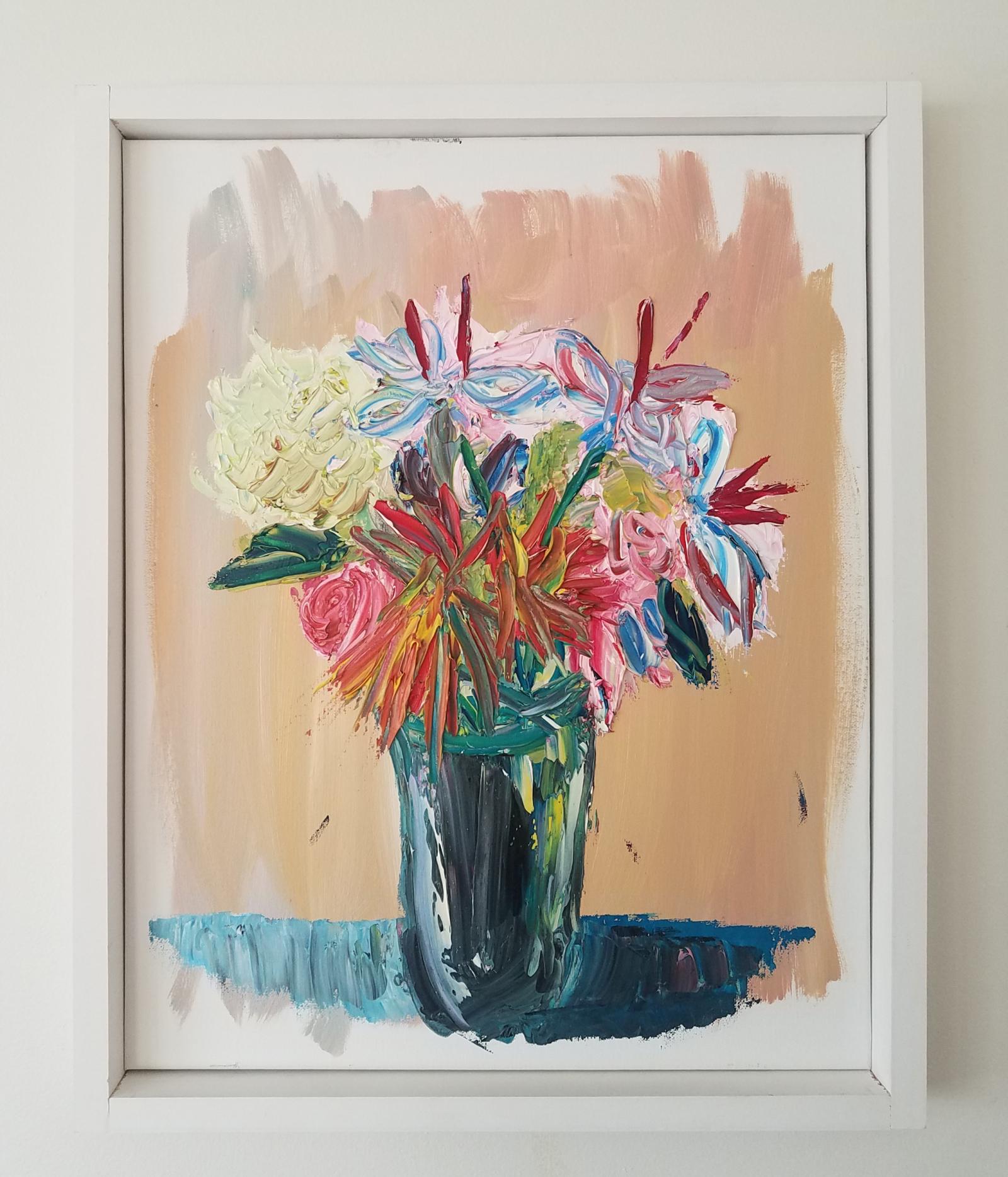 A representational still life painting of a bouquet of flowers, loosely painted with active strokes. The base and dominant colors are of a warmer yet muted shade of yellow ochre, light pink, with dark red strokes, Crimson, mixed in with pure yellows and light greens. Cooler colors begin to appear more in this work as seen in the lower half of the painting as well as mixed in within the center of the canvas. Special attention is given to exploring the pure qualities of the paint itself as well as capturing important aspects of the composition such as the relationships between light and dark, shadow and highlights, and flatness and depth.