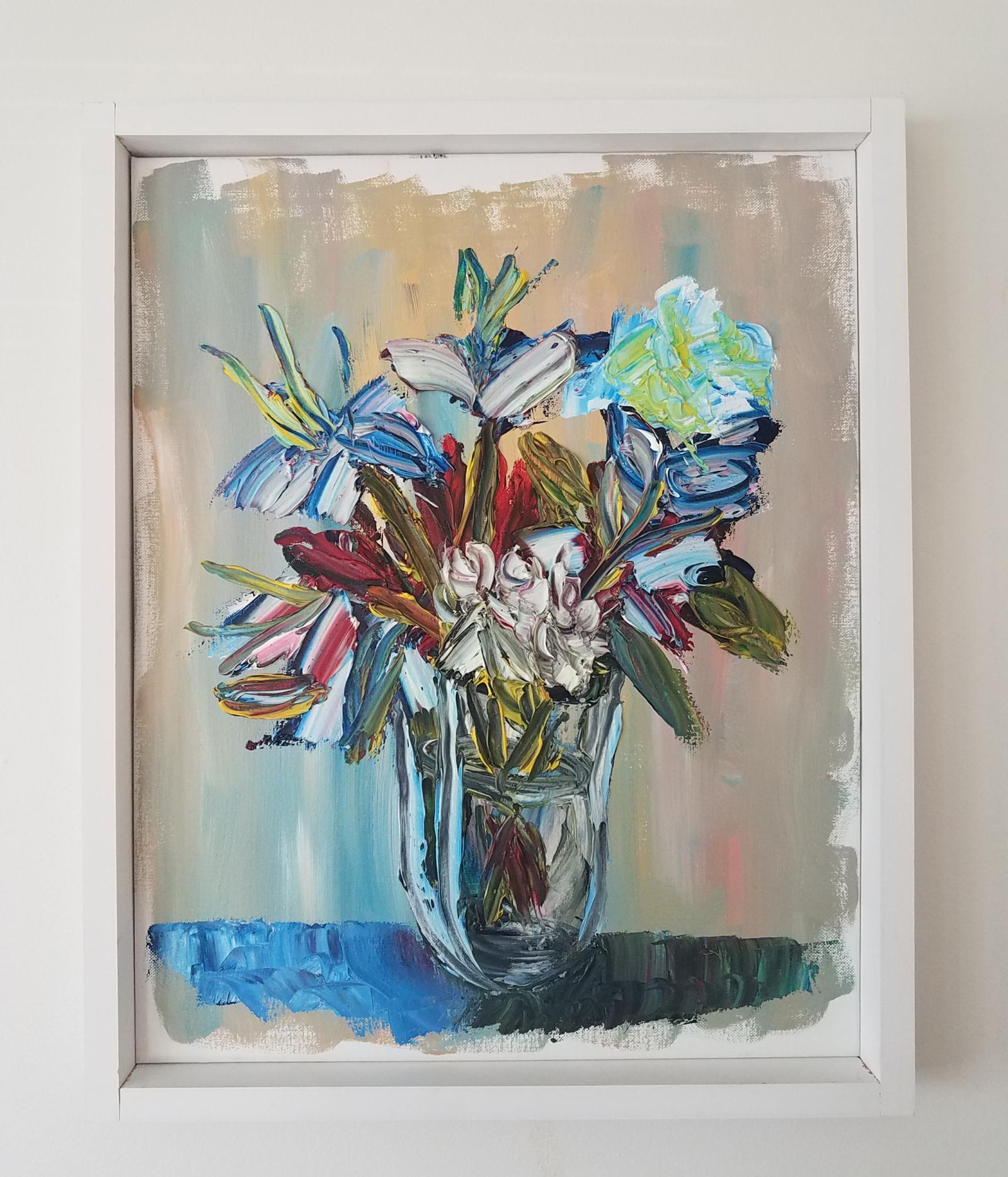 A representational still life painting of a bouquet of flowers, loosely painted with active strokes. The base and dominant colors are now predominantly cool. Subdued shades of blue, pink, and ochre hues create the backdrop for the iridescent light blues and greens along with pure yellows that contrast, starkly, with the deep reds at the center of the composition. Special attention is given to exploring the pure qualities of the paint itself as well as capturing important aspects of the composition such as the relationships between light and dark, shadow and highlights, and flatness and depth.