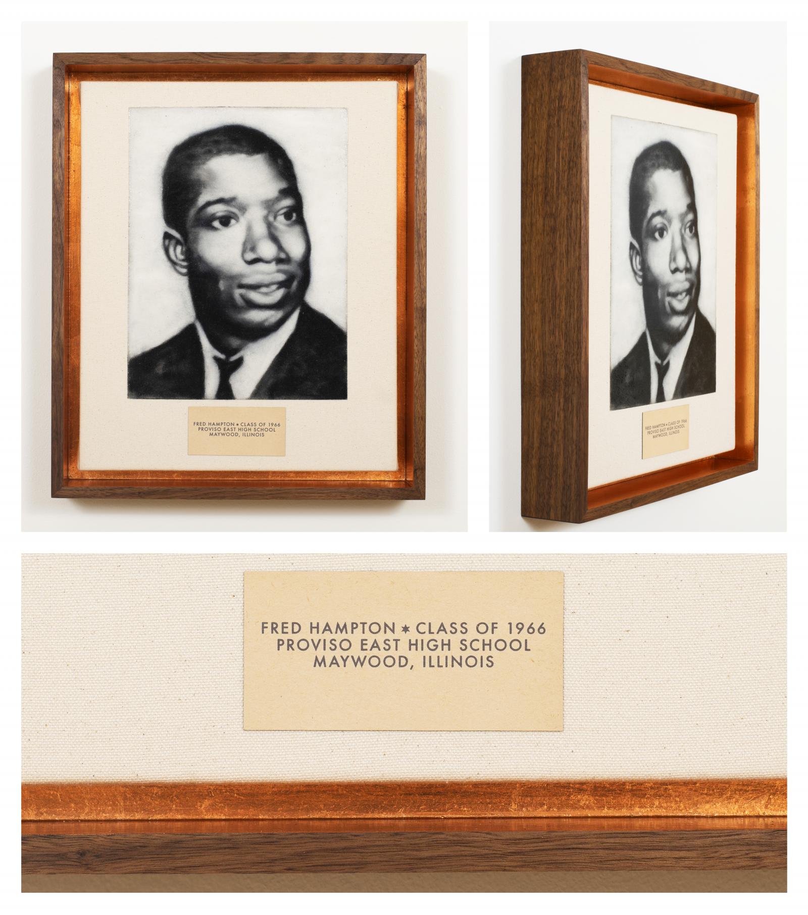 Fred Hampton grew up in Maywood, Illinois, just twenty minutes west of Chicago’s downtown. Fred excelled in high school and became a leader in his community at a young age. At 14, he began the local youth chapter of the NAACP. As he got older, Hampton became disillusioned by the NAACP and the mainstream civil rights movement’s more compromising approach to social change. Fred became more radicalized and militant, being greatly influenced by Malcolm X. In 1968, Hampton and others (including current congressman Bobby Rush) would establish the Illinois chapter of the Black Panther Party on Chicago’s west side. 

Uniquely, as chairman of the Illinois chapter of the Black Panther Party, Fred focused on cross-community organizing. He brokered peace among Chicago street gangs and created alliances with other race-based radical groups within the city, like the white Young Patriots and the Puerto Rican Young Lords, forming a “Rainbow Coalition.” Hampton and the Panthers organized free breakfasts for impoverished children and offered political science classes for the community. The Panthers also pushed back intensely against the overtly racist Chicago Police Department and Cook County State’s Attorney’s office, insisting on the self-policing of their communities. 

In December of 1969, through a coordinated effort by the CPD, the state’s attorney, and the FBI, Hampton was killed in a police raid at his apartment. 14 years later, the US 7th Circuit Appeals Court acknowledged the illegality of the raid and forced the city, county, and federal government to agree to a 1.85 million dollar settlement.

This year (2021), the Shaka King film, Judas and the Black Messiah, was released. The biographical drama centers on Fred and William O’Neal, the Black Panther Party member and Fred’s bodyguard, who was also the FBI informant that helped the Chicago PD and FBI carry out the raid that ended Fred’s life. Hopefully this film will introduce more Americans to Fred Hampton. This portrait is meant to do the same. The choice to use Hampton’s high school senior photo, a contrast to later images of him, that are in the aesthetic of a revolutionary, was made to highlight his youth. Fred was only 21 when he was killed, just 3 years after 1966, when this photo was taken. It is amazing what Hampton was able to do in those 3 short years, and it is troubling to think of what more he could have accomplished in the decades that followed had he have lived.