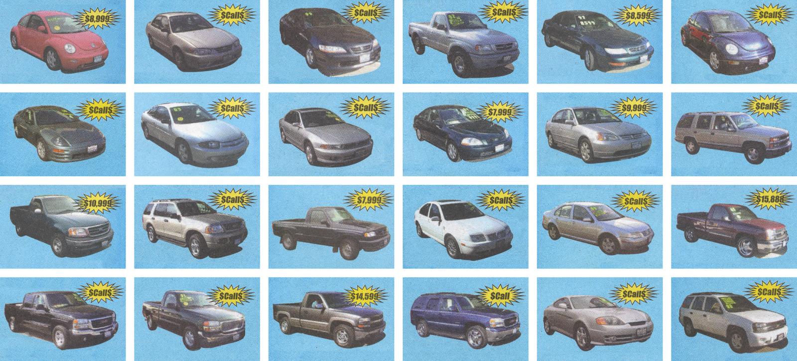 Images appropriated from Auto Trader circa 2004. Displayed as a single digital print (size variable) or a grid of loose prints for wall sized installations (also size variable).