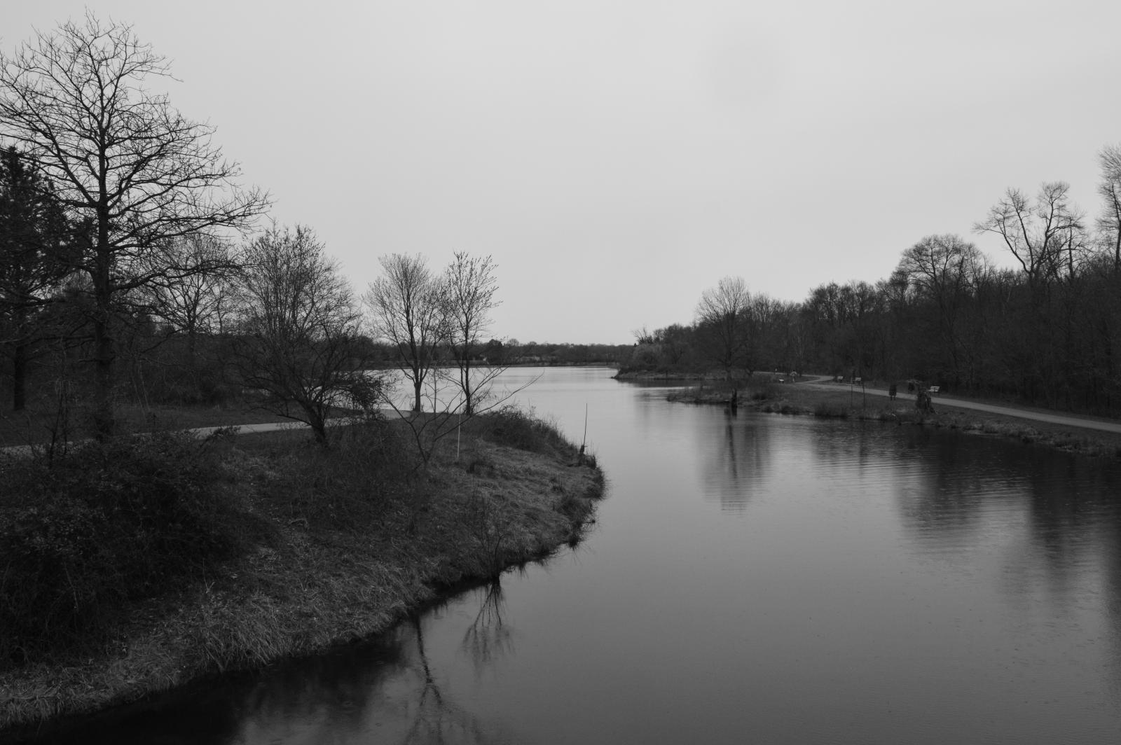 Black and White digital photograph of a perspective of the Lake Artemesia in PG County, MD