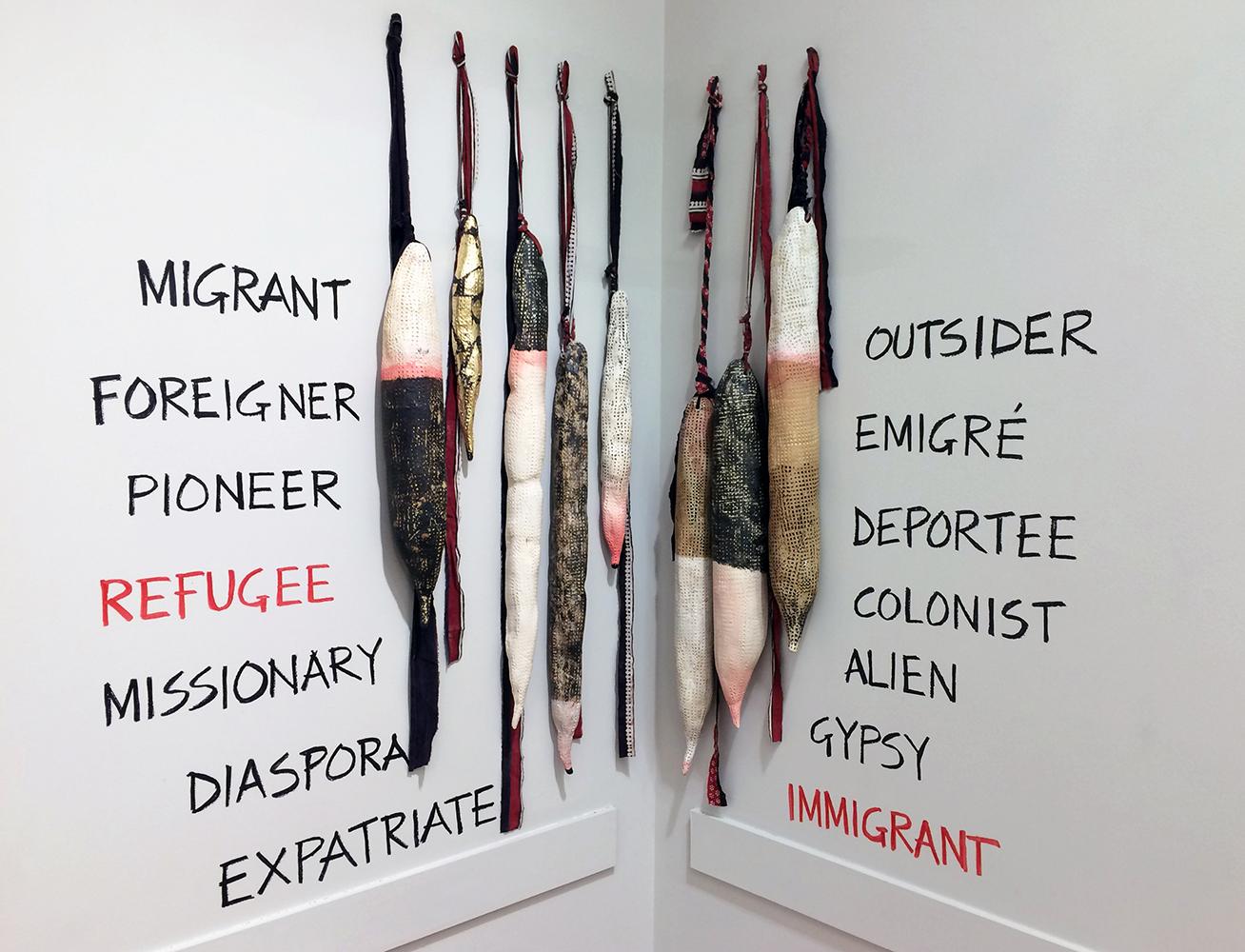 This work was spurred by an analytical interest in migration, of people as well as ideas and elements. Migration has been part of human activity since time immemorial and the very act of movement and displacement from its source of origin is also intrinsic to clay. When observing these abstract, mobile, textured forms please consider how its structure and composition is affected by environmental influences, both physical and chemical; the mineral composition of clay is unique to its journey of migration from the original source. No two clays are alike, and in transforming into ceramic sculpture it is further molded by human hand and concepts, tools of the craft as well as the energy from the kilns. Migration leaves an indelible mark on everything and everyone.