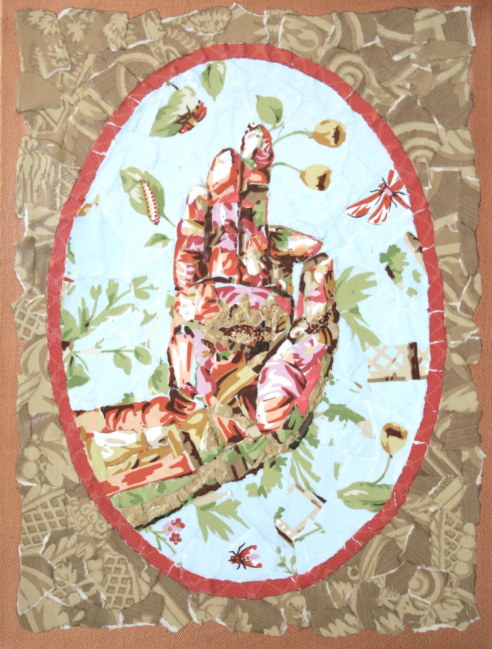 "Vitarka" is a wallpaper collage of a Buddha Mudra (hand gestures) symbolizing teaching and discussions for growth and awakening. This collage was made from pages of a vintage Thibaut wallpaper sample book. The oval adds focus to the hand and references historic portrait compositions.