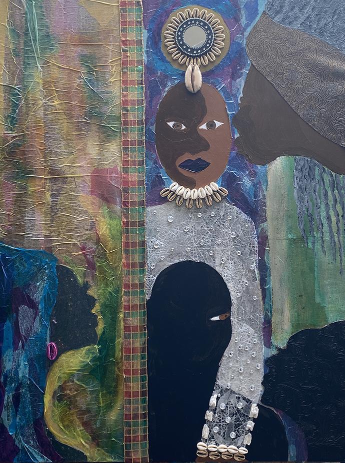 The painting invites the viewer into a conversation. The process began as a painting on a wooden structured board, and evolved into mixed media that responded through color, textures, and angles. 