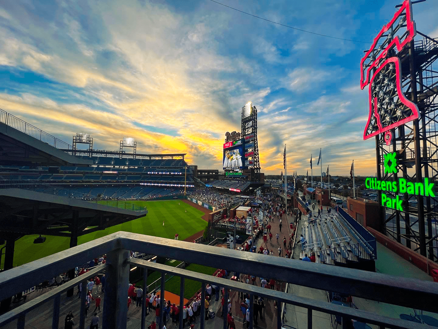 Taken as the sun sets on Citizens Bank Park in Philadelphia, PA just before Game 4 of the 2022 World Series. The Houston Astros would go on to throw a combined no-hitter, defeating the Philadelphia Phillies 5-0. This was the second no-hitter in the history of the World Series and first in over 60 years.