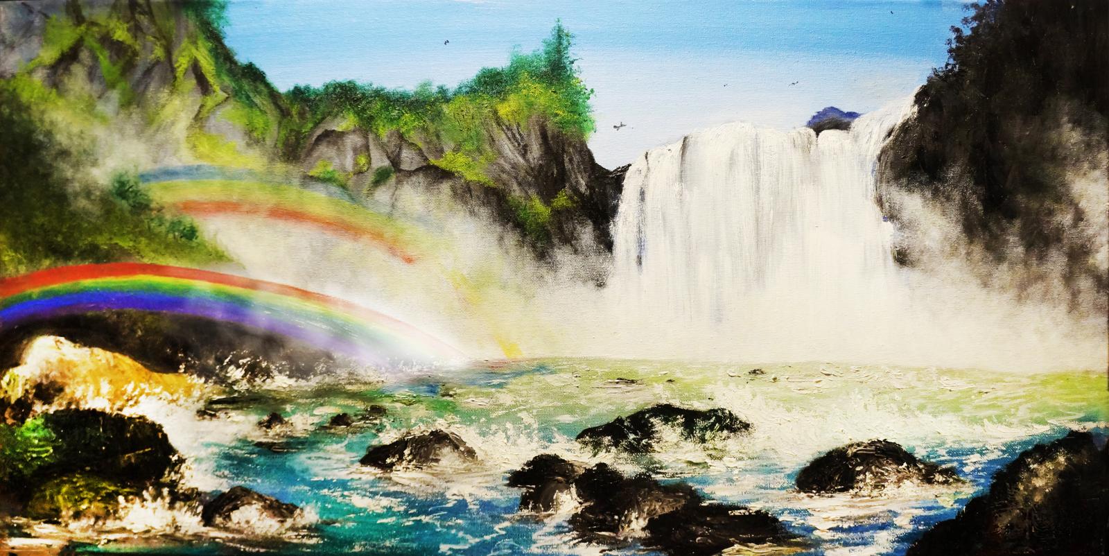 This is a 15x30 inch painting that I completed recently. For this painting, my main focus was on the water and atmosphere. I aimed to capture the movement of the water coming down from the water fall, thus crashing into the river. I incorporated vibrant colors, and applied the paint in such a way to make the composition feel promising and welcoming to the viewer. Incorporating the rainbows, add a powerful symbolic element to the piece, based on God's promise to his children. The crashing waves in combination with the energetic application of paint and mist in the water, also adds a sense of freedom, liberation, and relief.