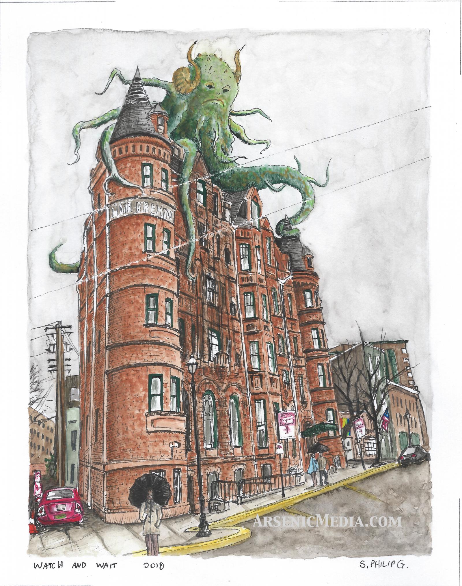 This ink and watercolor illustration features the Hotel Brexton in Mount Vernon, Baltimore. My work is inspired by my dreams and what I see around me. I highlight Baltimore with it's beautiful architecture and incorporate a variety of creatures to tell a story of what may be hidden from us. This illustration features one of the many Suvians that live in Baltimore and her name is Hildreth. She is on the lookout for trouble from the fiends from the Inmost, which lies below the surface of the planet.
