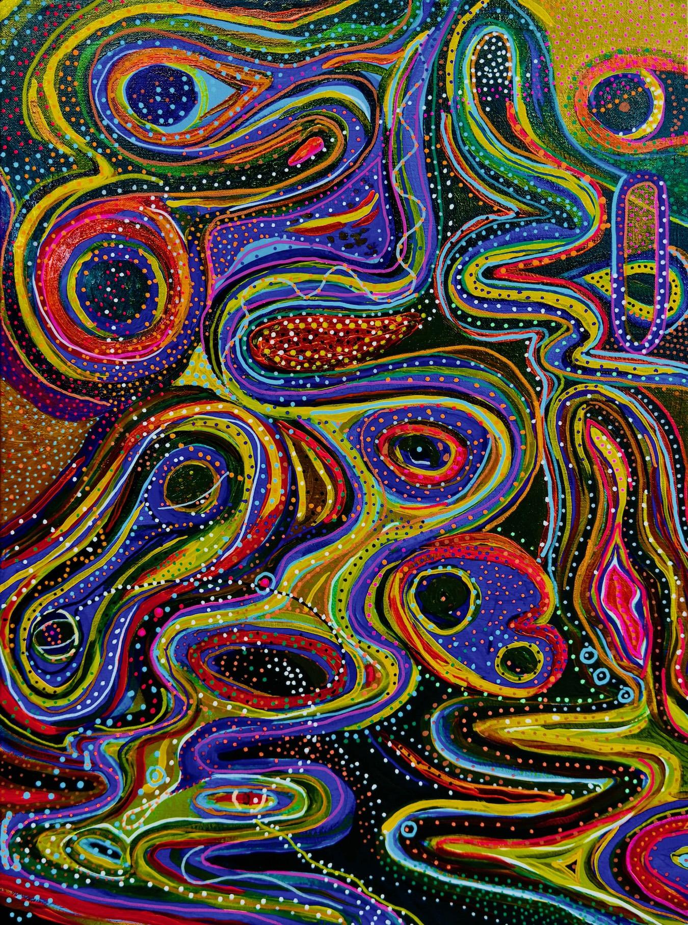 This vivid, energetic abstract work emphasizes undulating, organic forms outlined in layers of electric: neon yellow, magenta, blue, orange, and purple, layered and bordered in contrasting hues.

Evoking motion—the concentric ovals, loops, and biomorphic shapes pulse across the canvas.
Small dots scattered over the painting, add texture and rhythm— and a dark background grounds the intensity of the saturated colors, creating a sense of depth and mystery.
