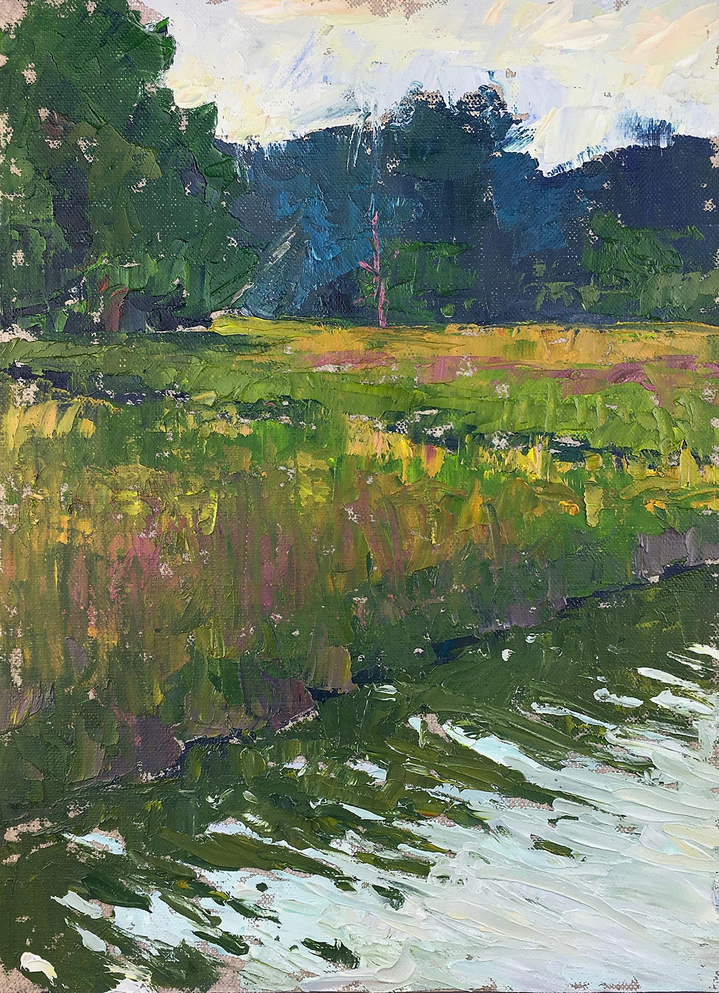 Plein air oil painting of a creek in Gloucester, VA.