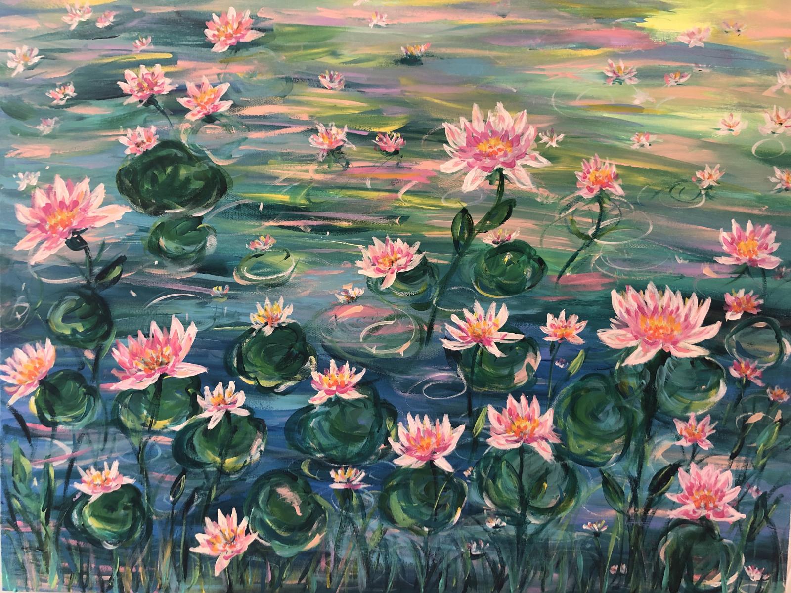 Acrylic Painting of Water Lilies in abstract pastels 