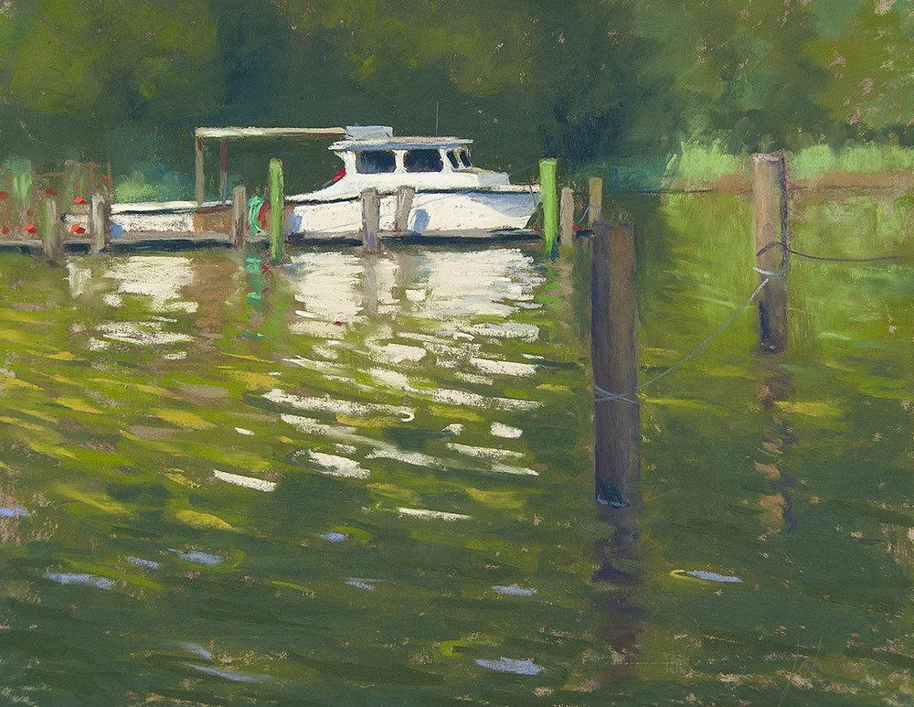 Plein air pastel painting of a oyster boat at the dock. Painting for the Plein Air Annapolis event.