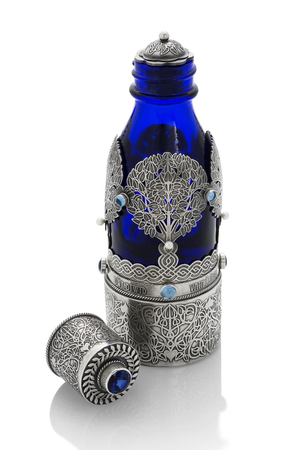 Vintage glass bottle, Sterling silver, Sapphire, blue Spinels, fresh water pearls, spring water, organic apple seeds