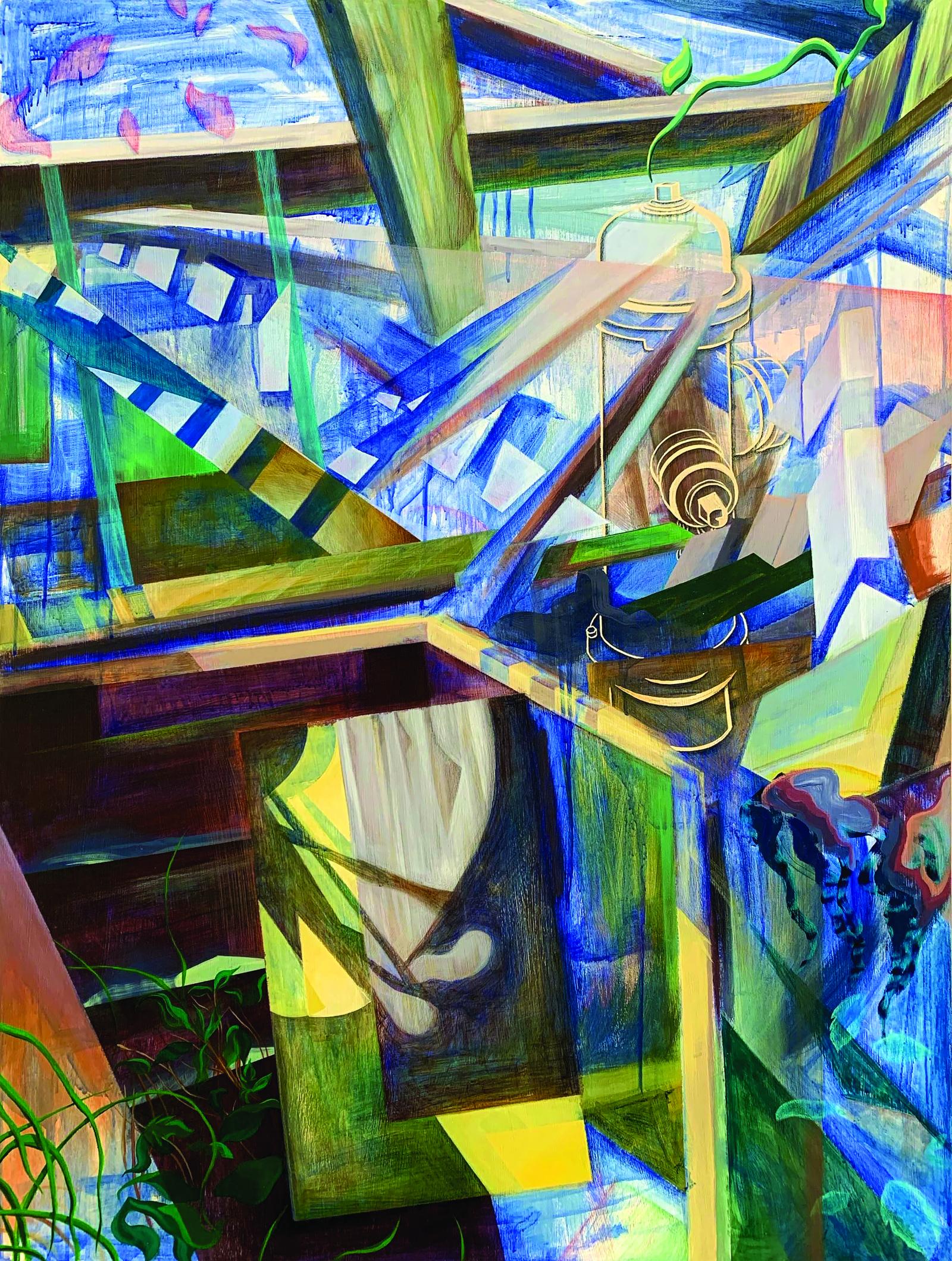 This painting explores the illusion of layers and texture. It explores and tests the boundaries of what it means to be in a real or imagined space through abstracting an existing space. Inspired by a photograph of an abandoned house, What Once Was is deconstructed to raw shapes and transparencies. In addition to the abstraction, additional elements such as plants and a fire hydrant are included to create a somewhat familiar environment but abstract enough to not ground the image in reality.