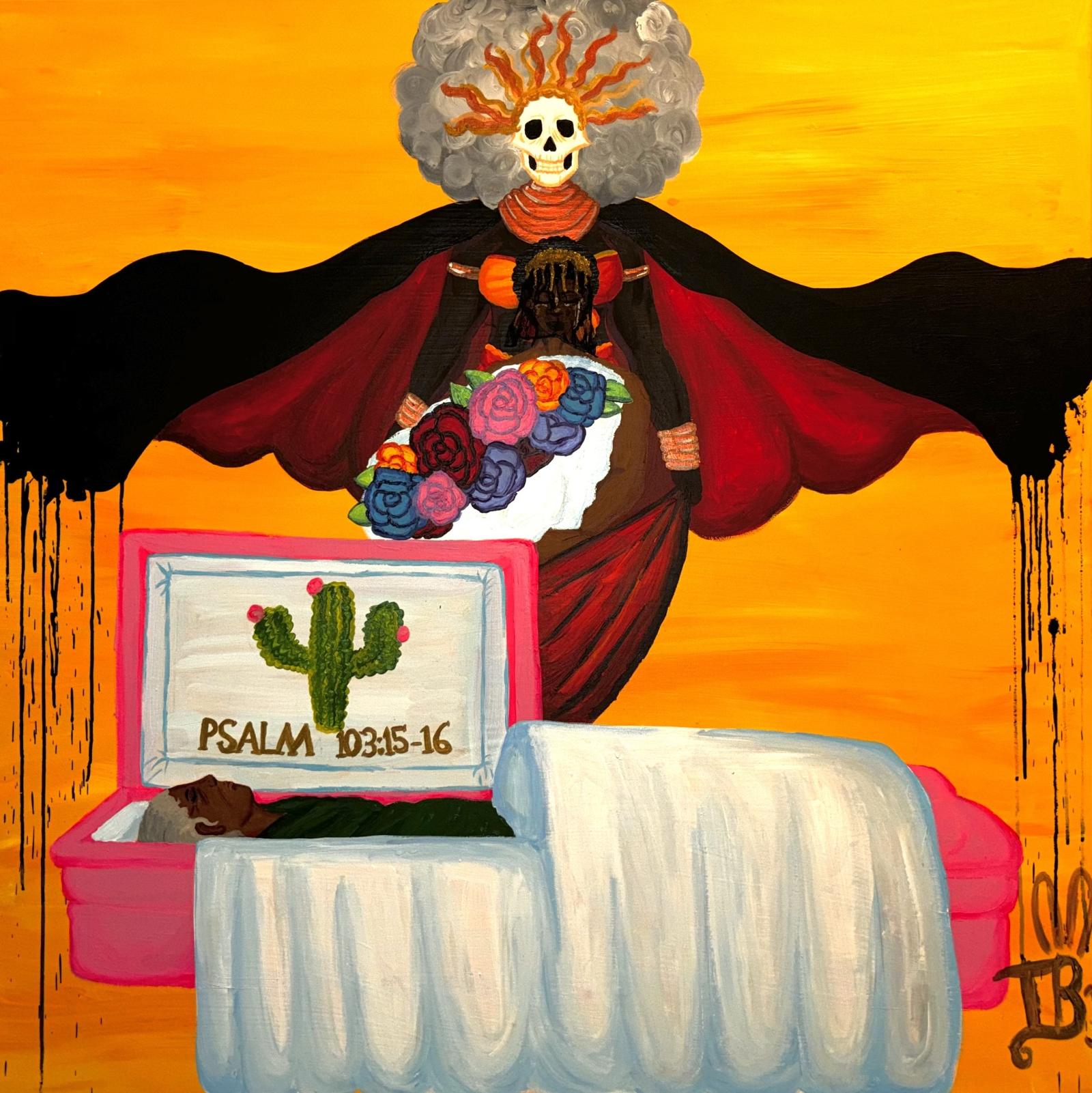 This piece is about coming to terms with my mortality. At first, the painting was supposed to capture the thing I fear most, DEATH. I think the scariest part about our untimely departure is the unknown. And it wasn’t your usual fear of being sent to heaven or hell, but whether we were just thrown into pitch-black darkness that plagued my mind. However, while painting, It has greatly eased that fear into the admiration of the beauty of living life, growing old & wise heading towards eternal slumber. There is beauty in Death, just as much as in life.