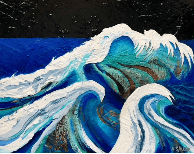 Wild Aegean is a mixed media piece that utilizes paint that has metal in it. I add acid washes and patinas to create a variety of effects. I also use acrylic paint and even house paint and cut back into the dried paint to create wave effects.