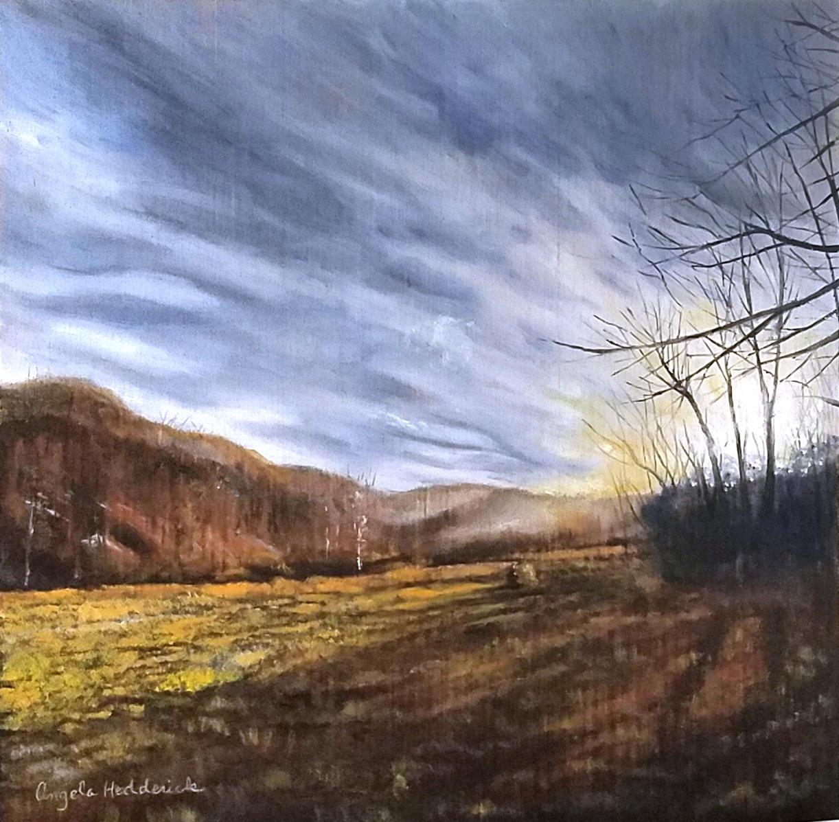 This is a late afternoon view from my far pasture after a winter rain storm had just passed. The air was still full of haze, and it gave a golden glow to everything. It is painted on a slim wooden panel and has almost metallic hues of bronze, gold and steel gray.